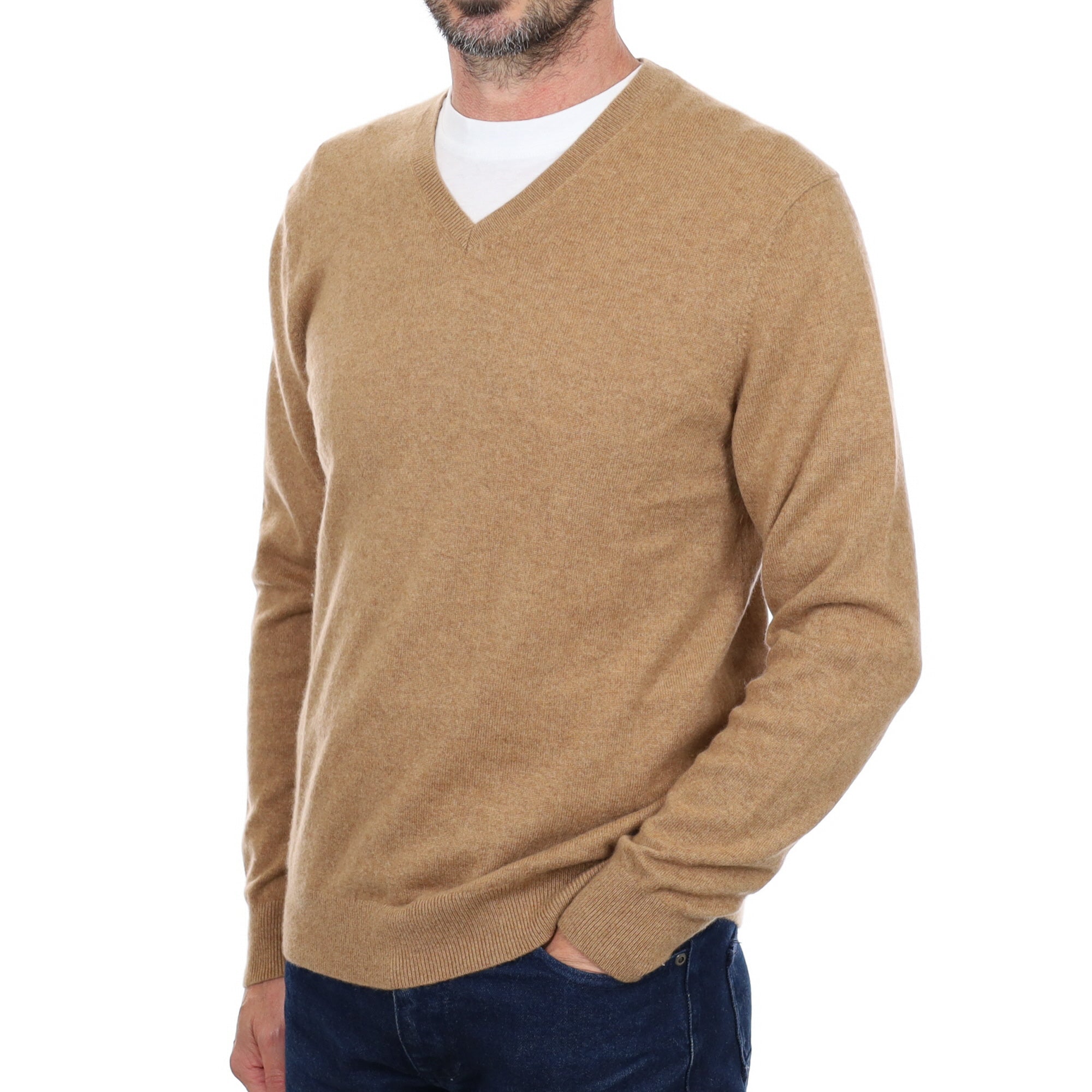 Men's Butterscotch Brown Cashmere V Neck Jumper Small