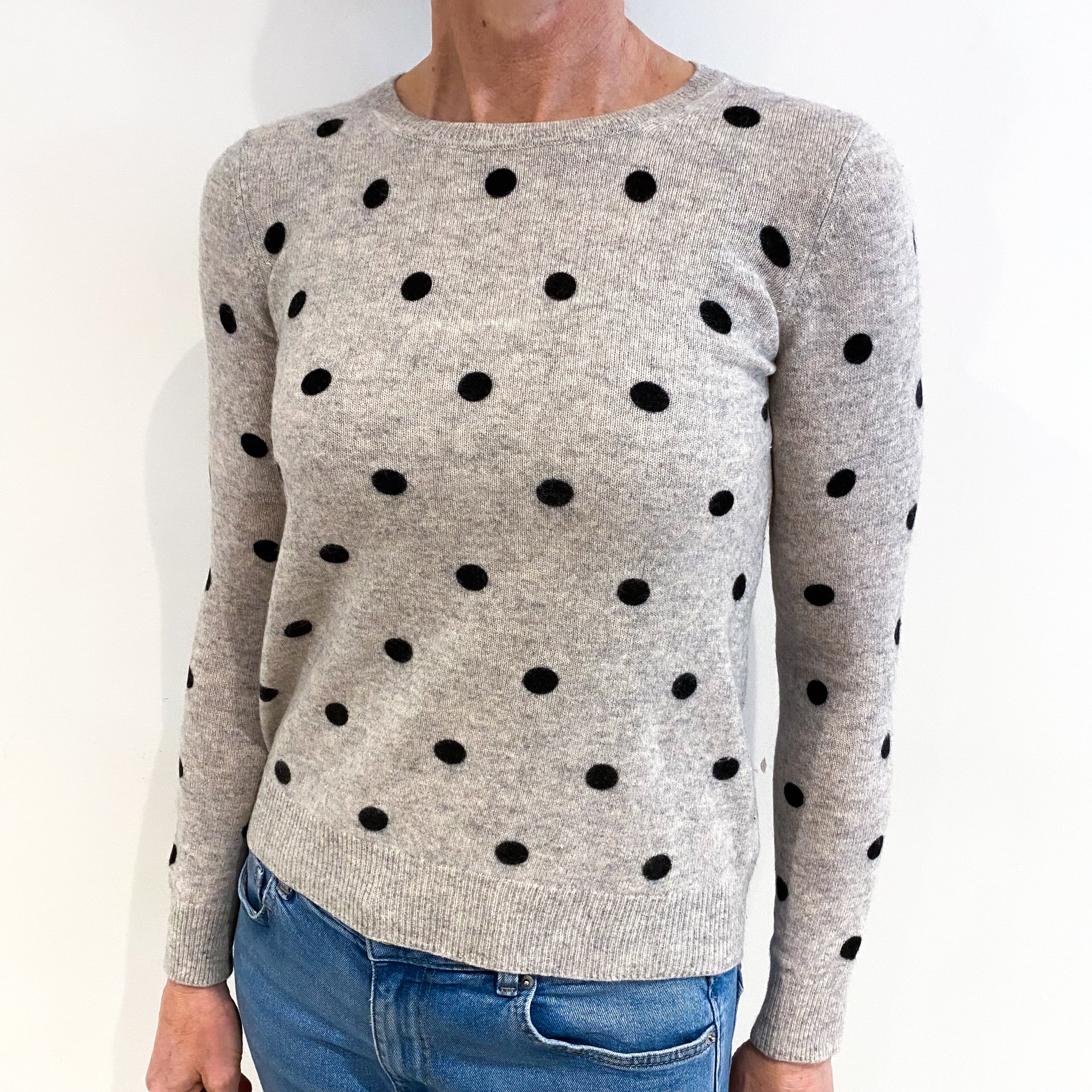 Grey Black Spotty Cashmere Crew Neck Jumper Small