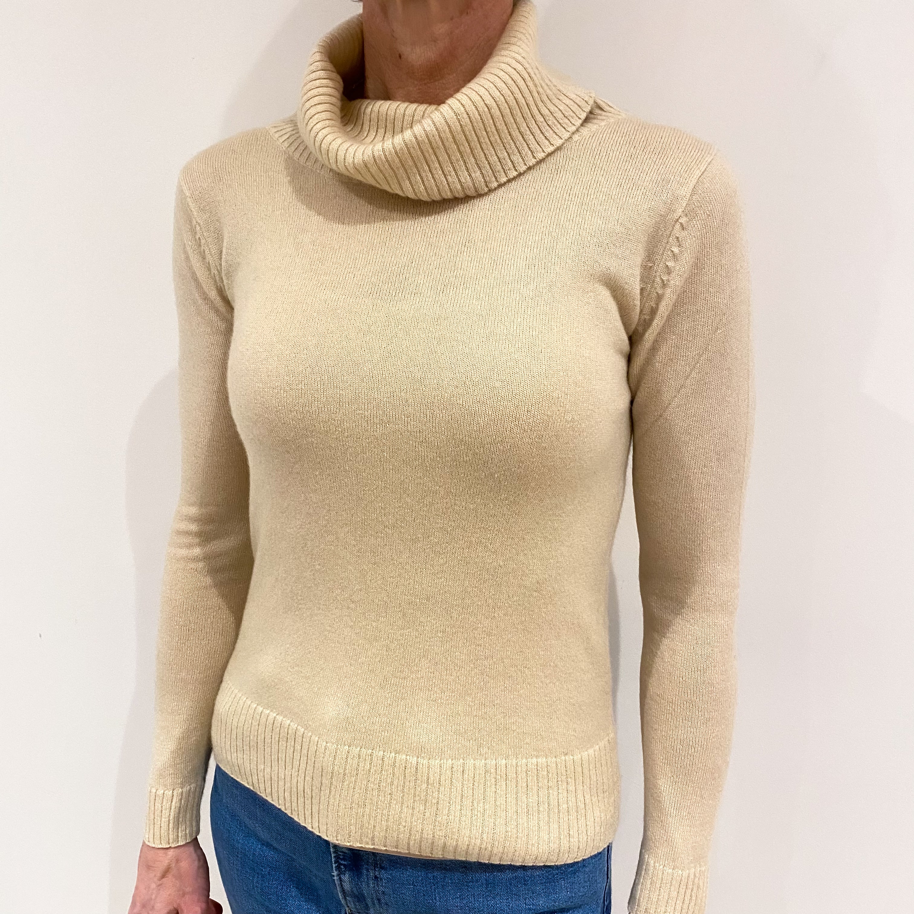 Sandy Beige Cashmere Polo Neck Jumper Small