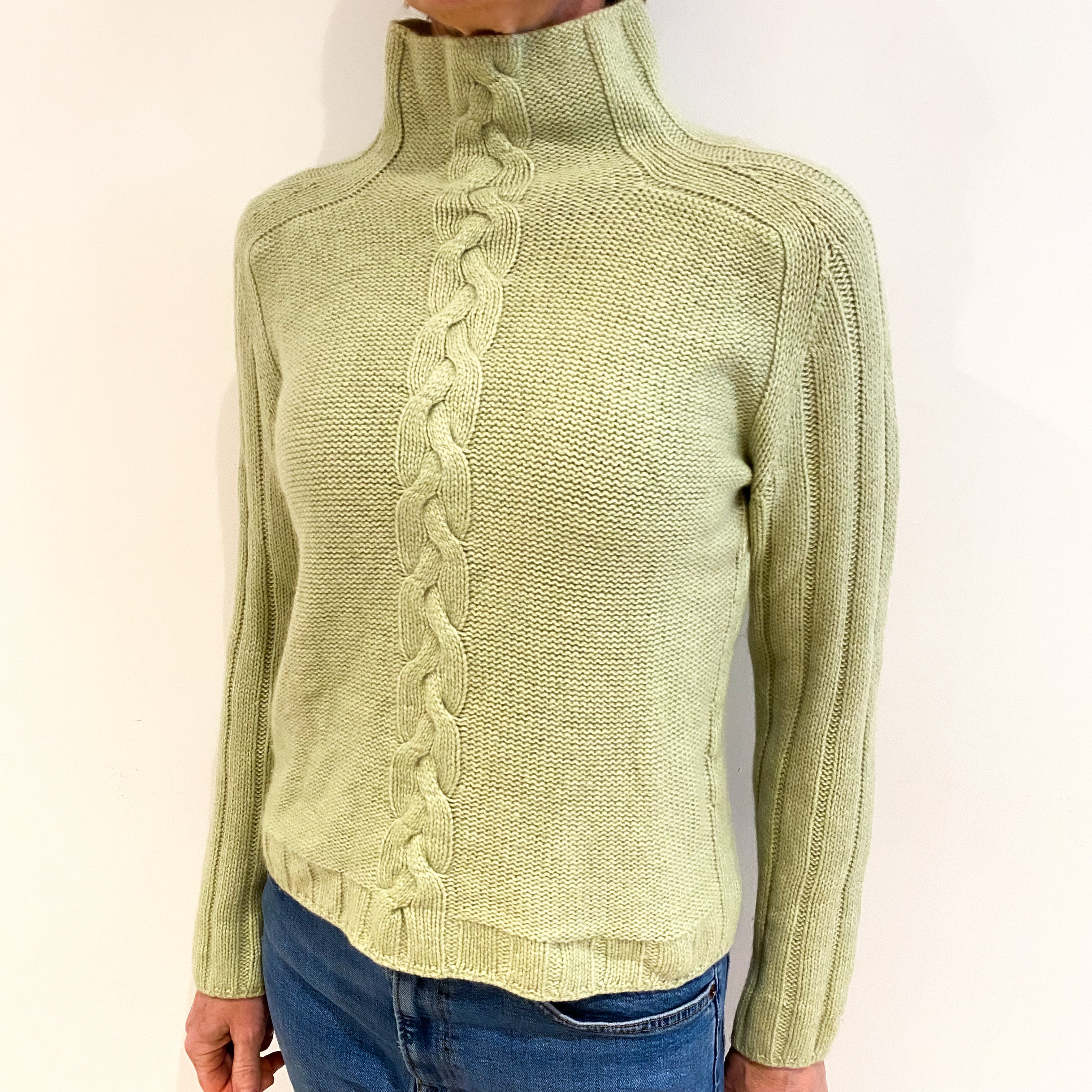 Mint Green Cashmere Funnel Neck Cable Knit Jumper Small