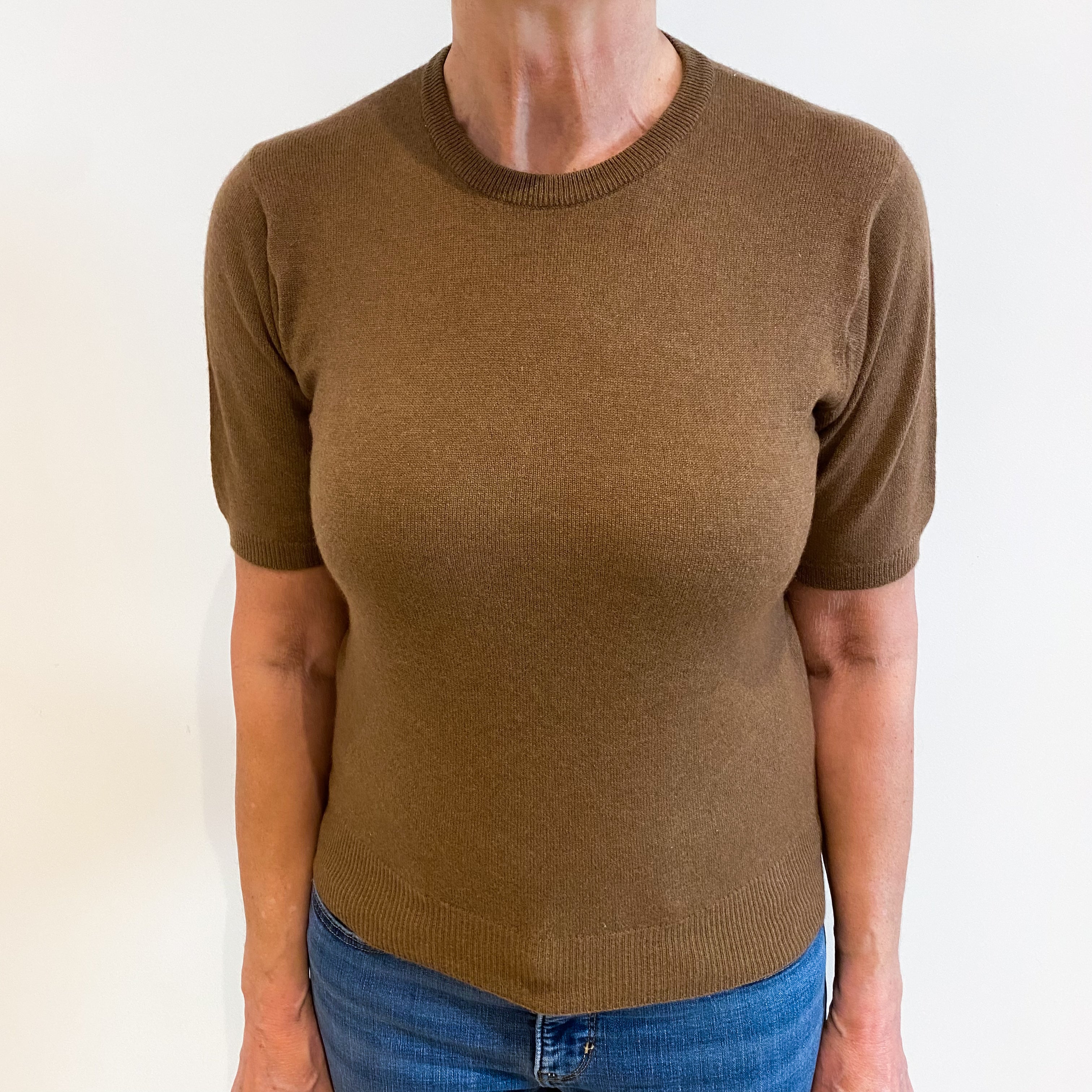 Chestnut Brown Cashmere Short Sleeved Crew Neck Jumper Medium