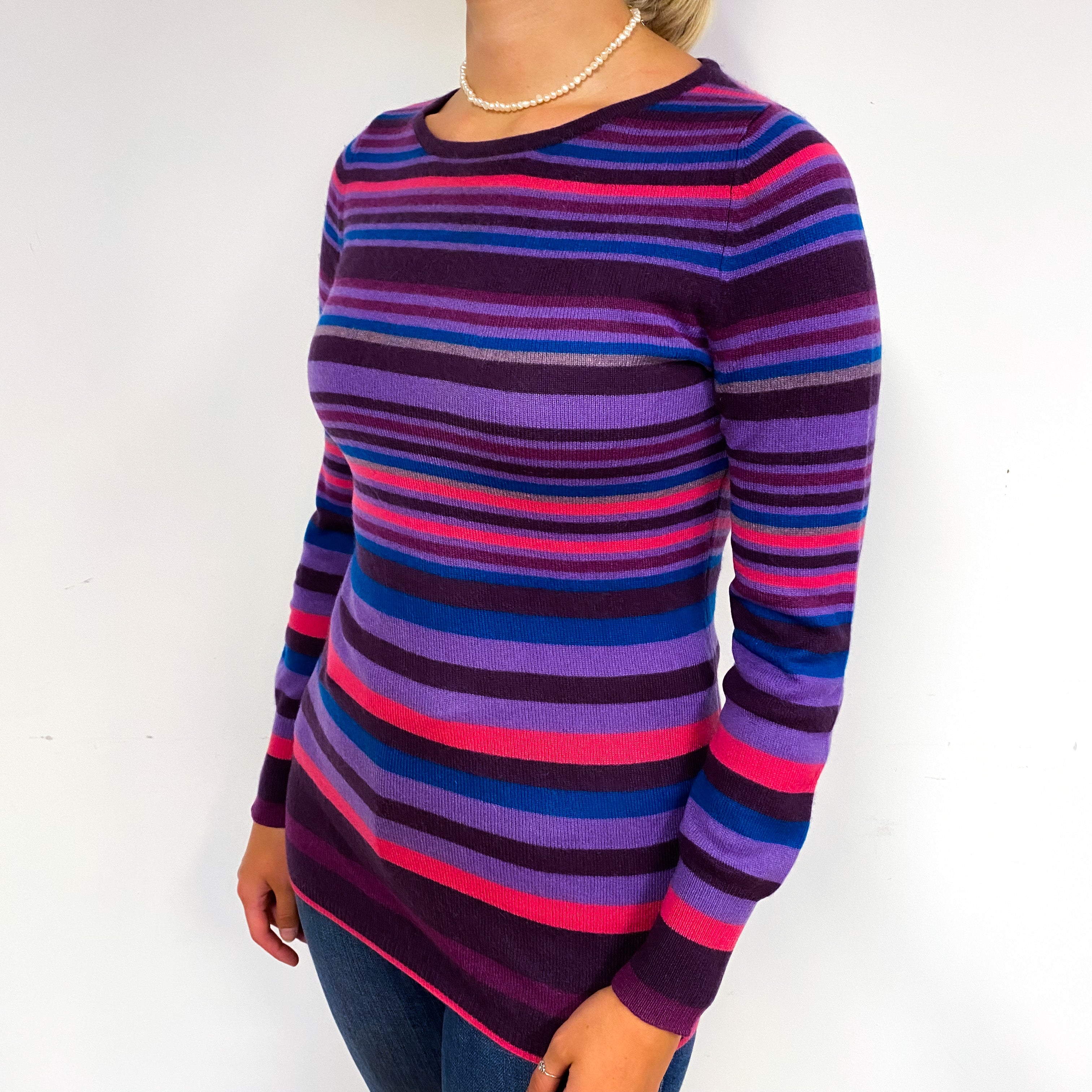 Purple Pink Stripe Longline Cashmere Crew Neck Jumper Small