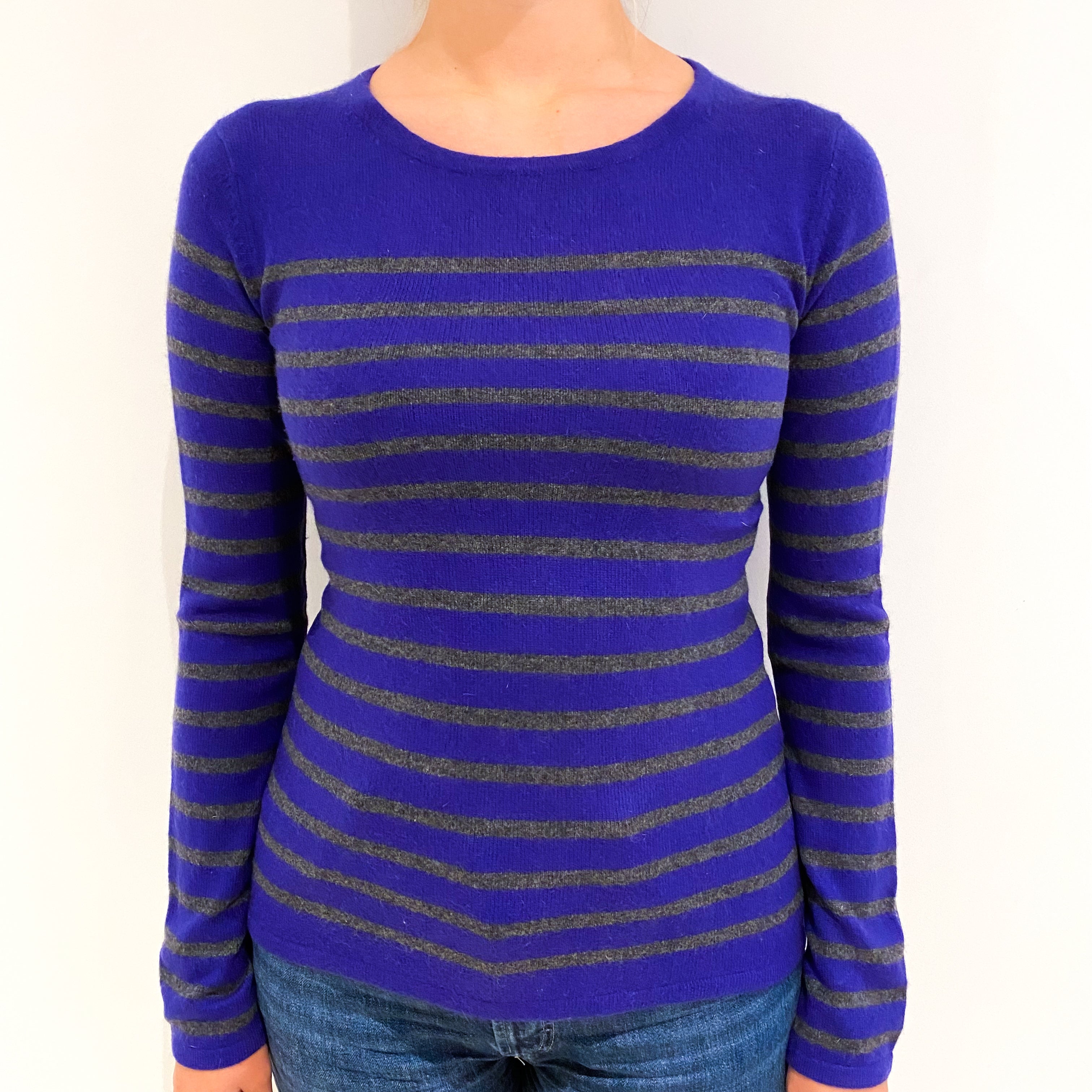 Indigo Purple Grey Stripe Cashmere Crew Neck Jumper Small