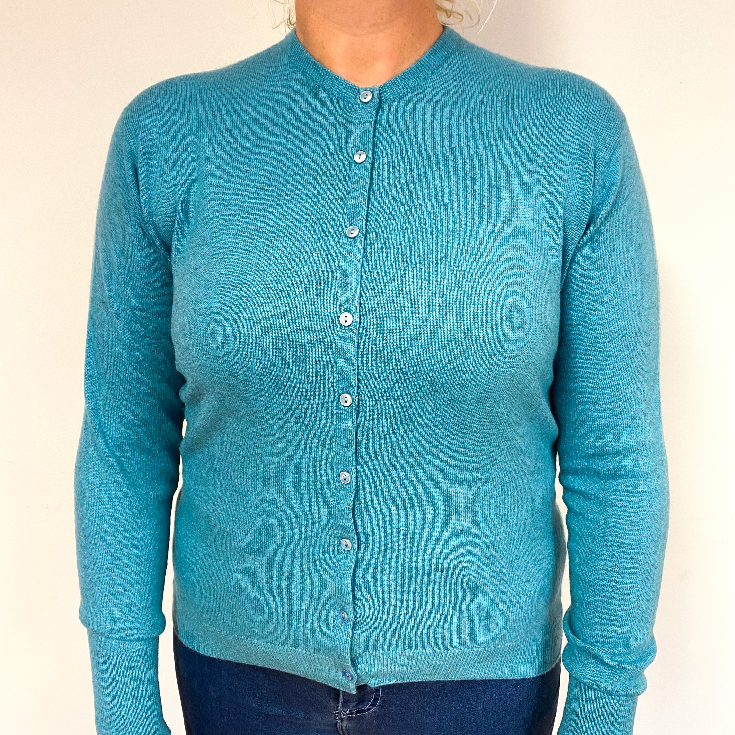 Vintage Turquoise Blue Cashmere Crew Neck Cardigan Large