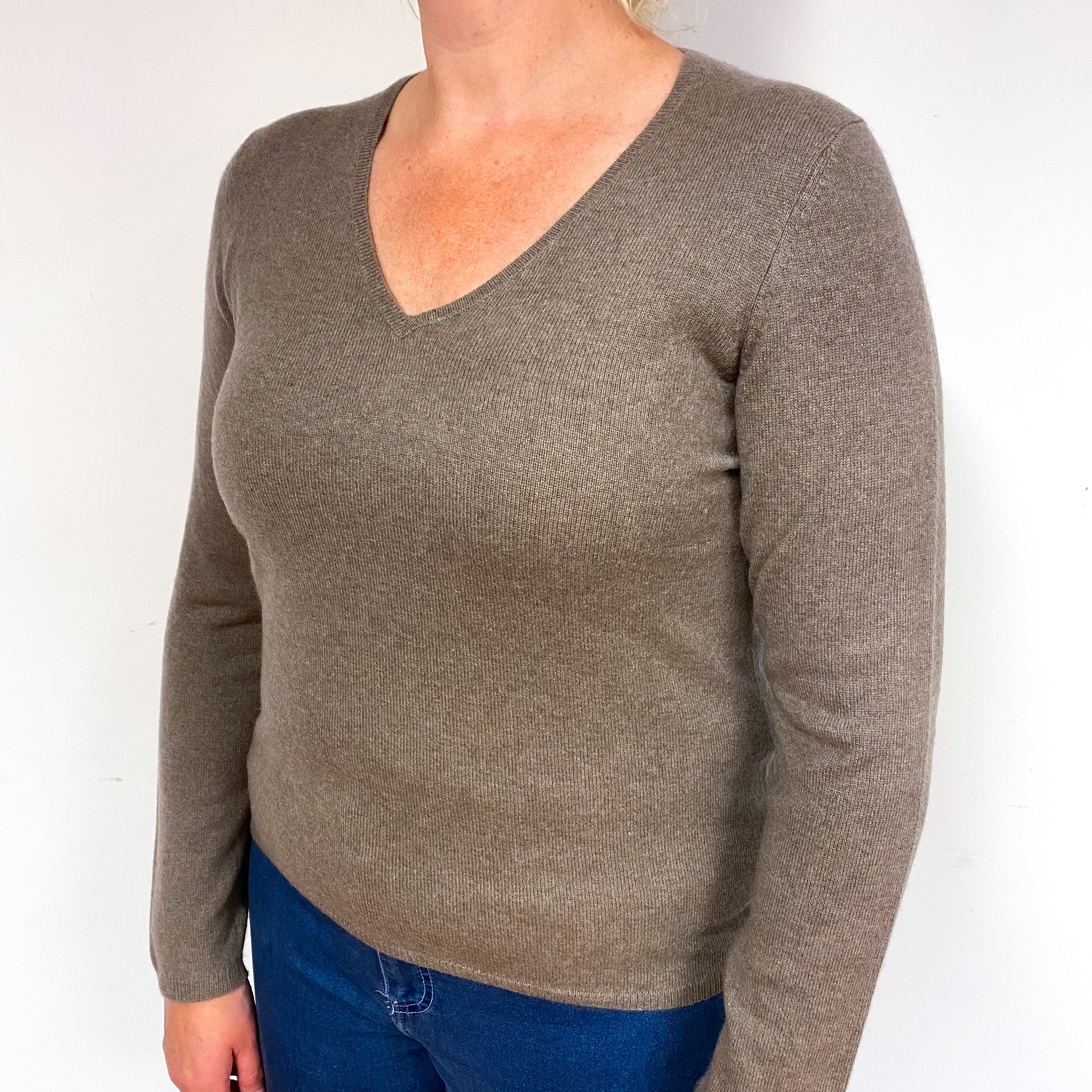 Mocha Brown Cashmere V-Neck Jumper Large