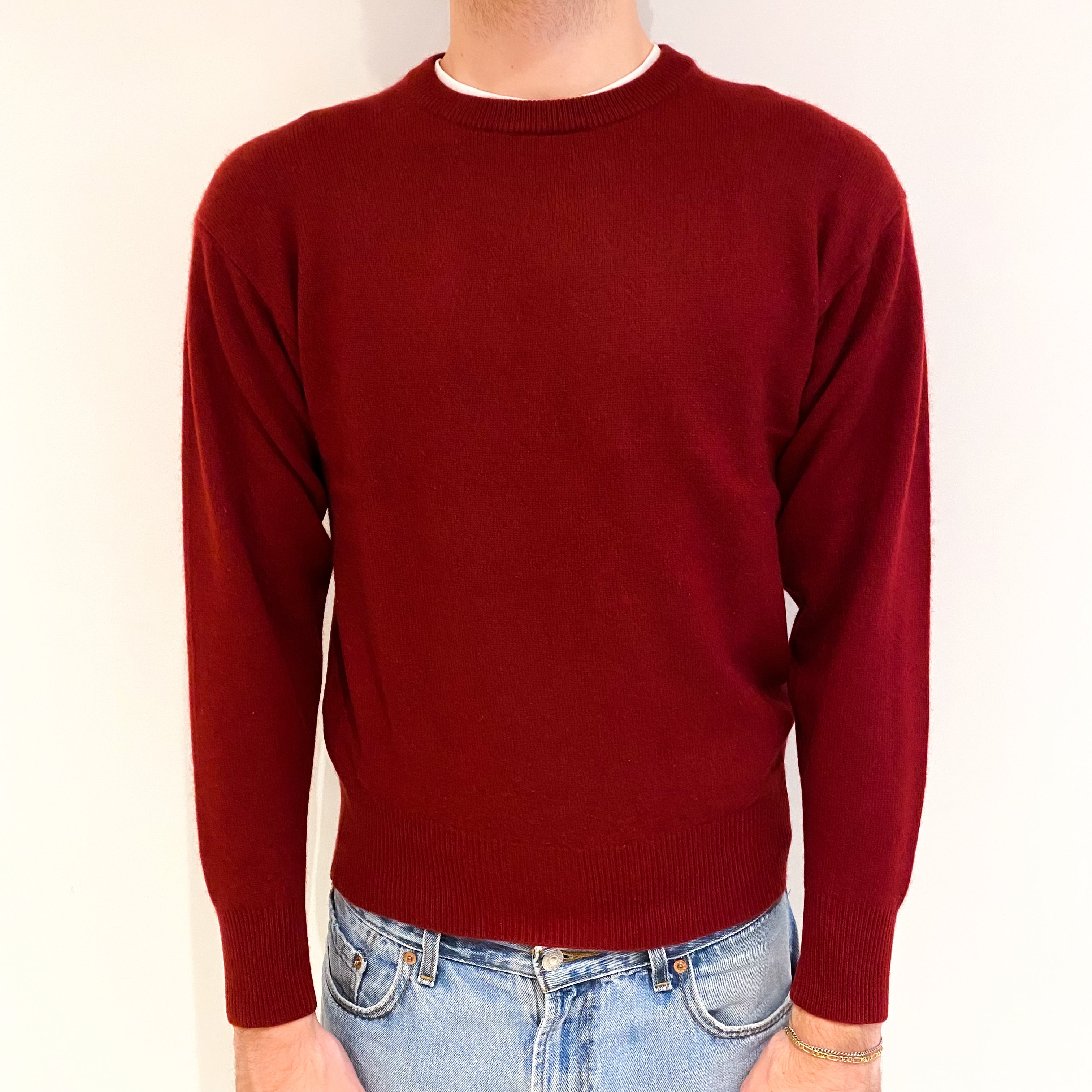 Men's Burgundy Red Cashmere Crew Neck Jumper Medium