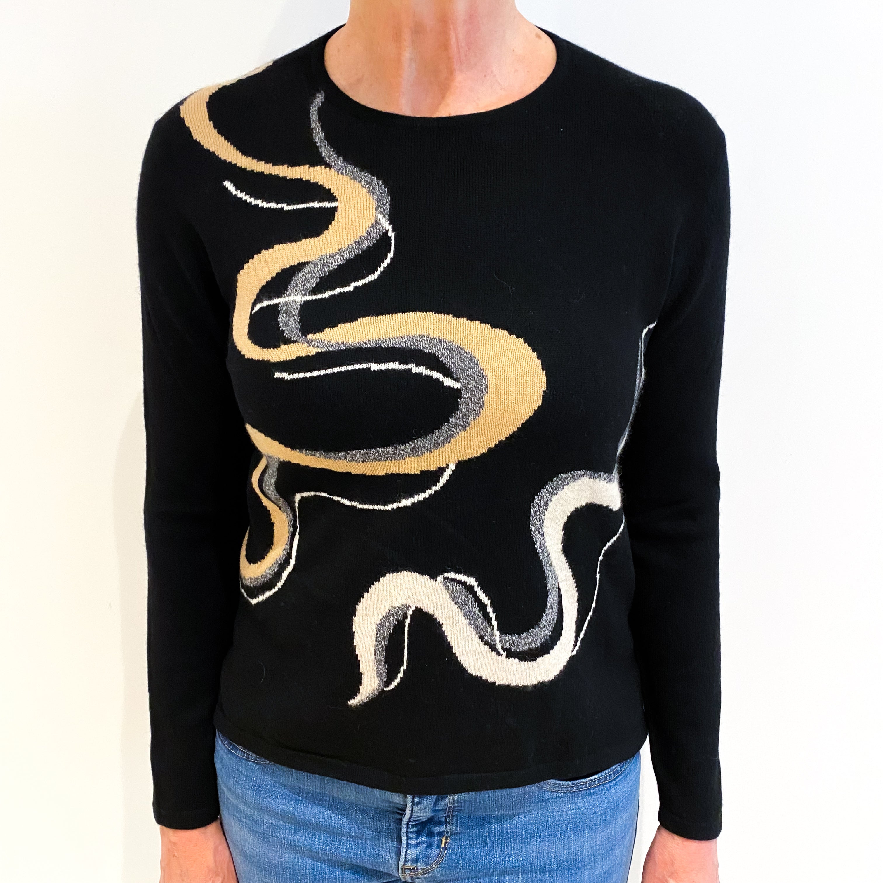 Black Swirl Pattern Cashmere Crew Neck Jumper Medium