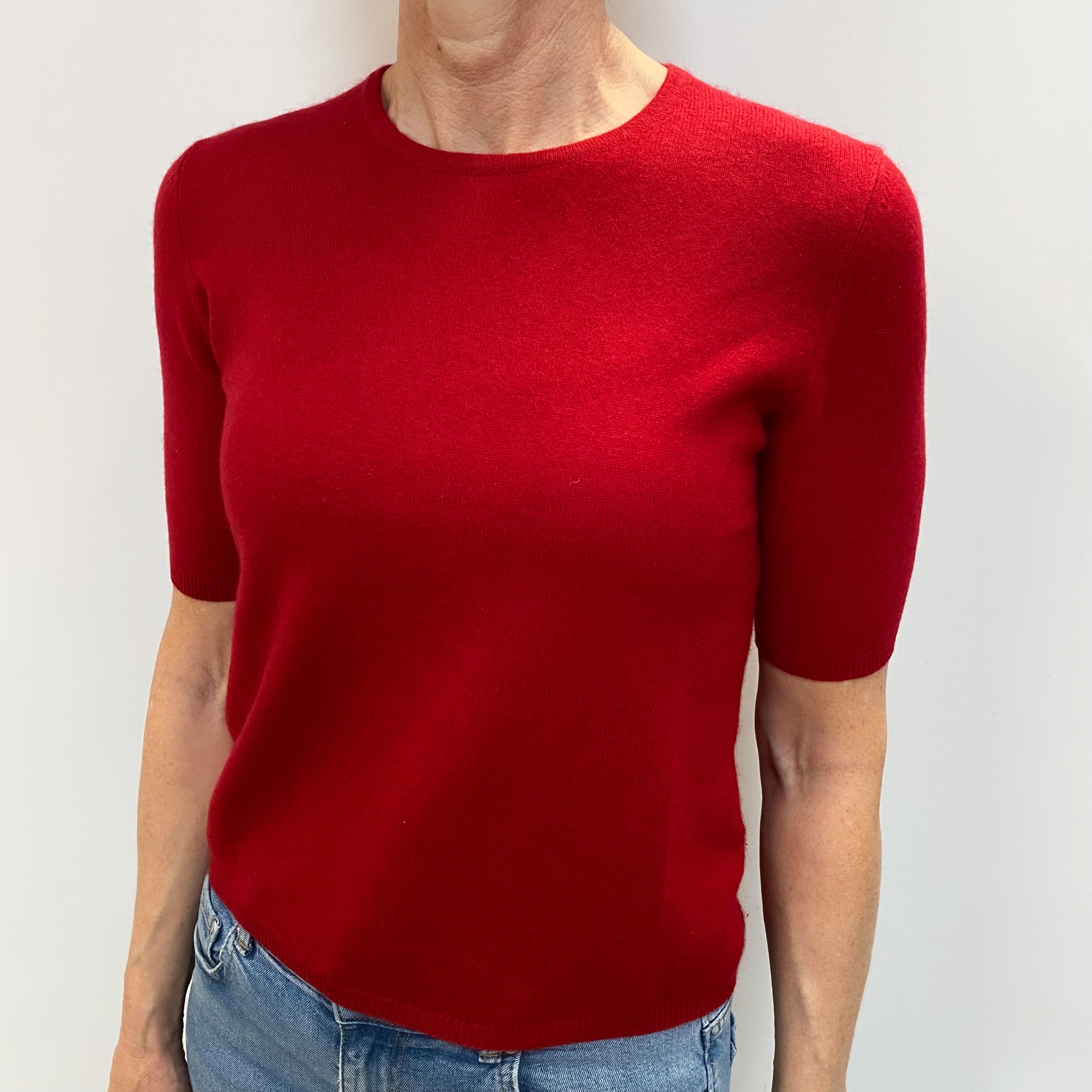 Post Box Red Cashmere Crew Neck Short Sleeved Jumper Small