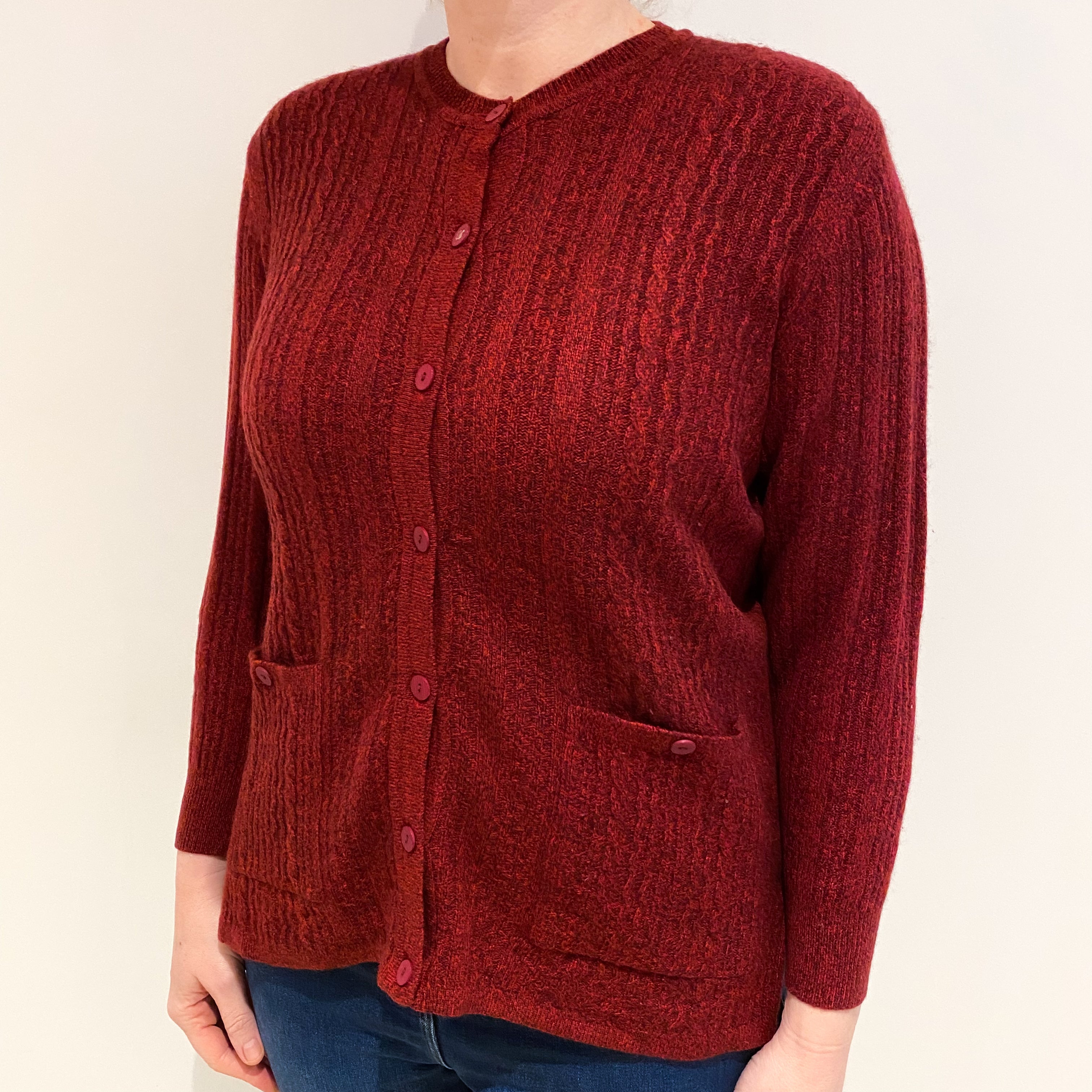 Wine Red Marl Cashmere Crew Neck Cardigan with Pockets Large