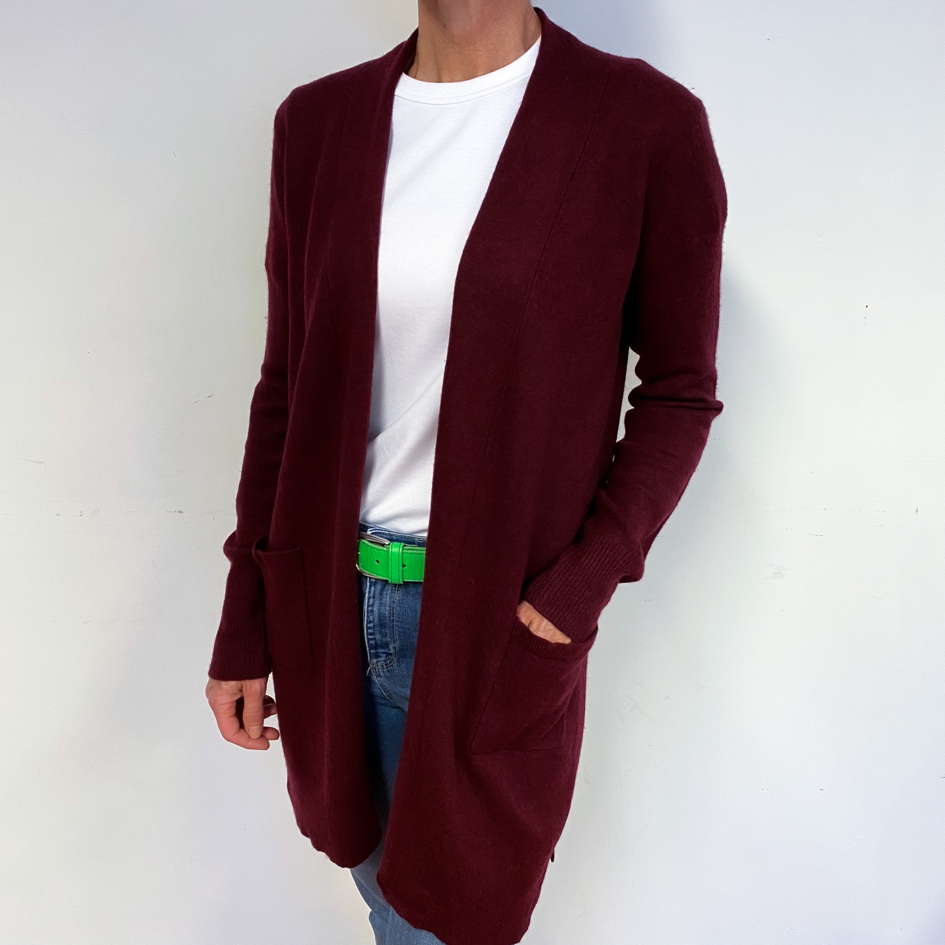 Wine Red Cashmere Edge to Edge Cardigan with Pockets Medium