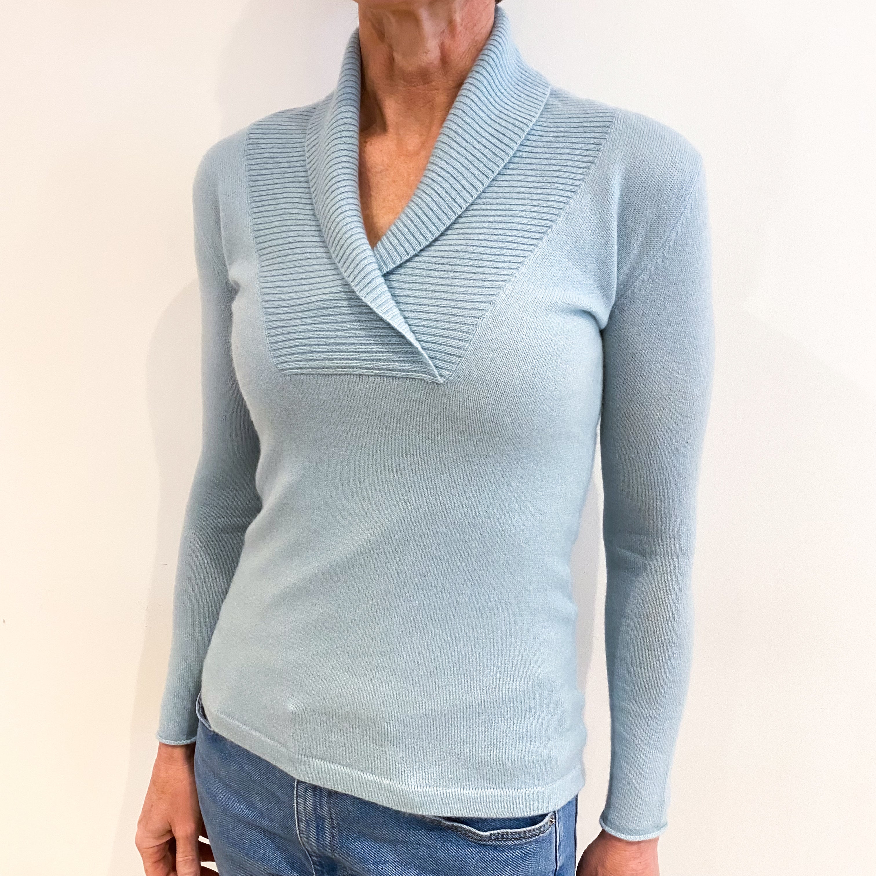 Opal Blue Cashmere Shawl Collar V Neck Jumper Small