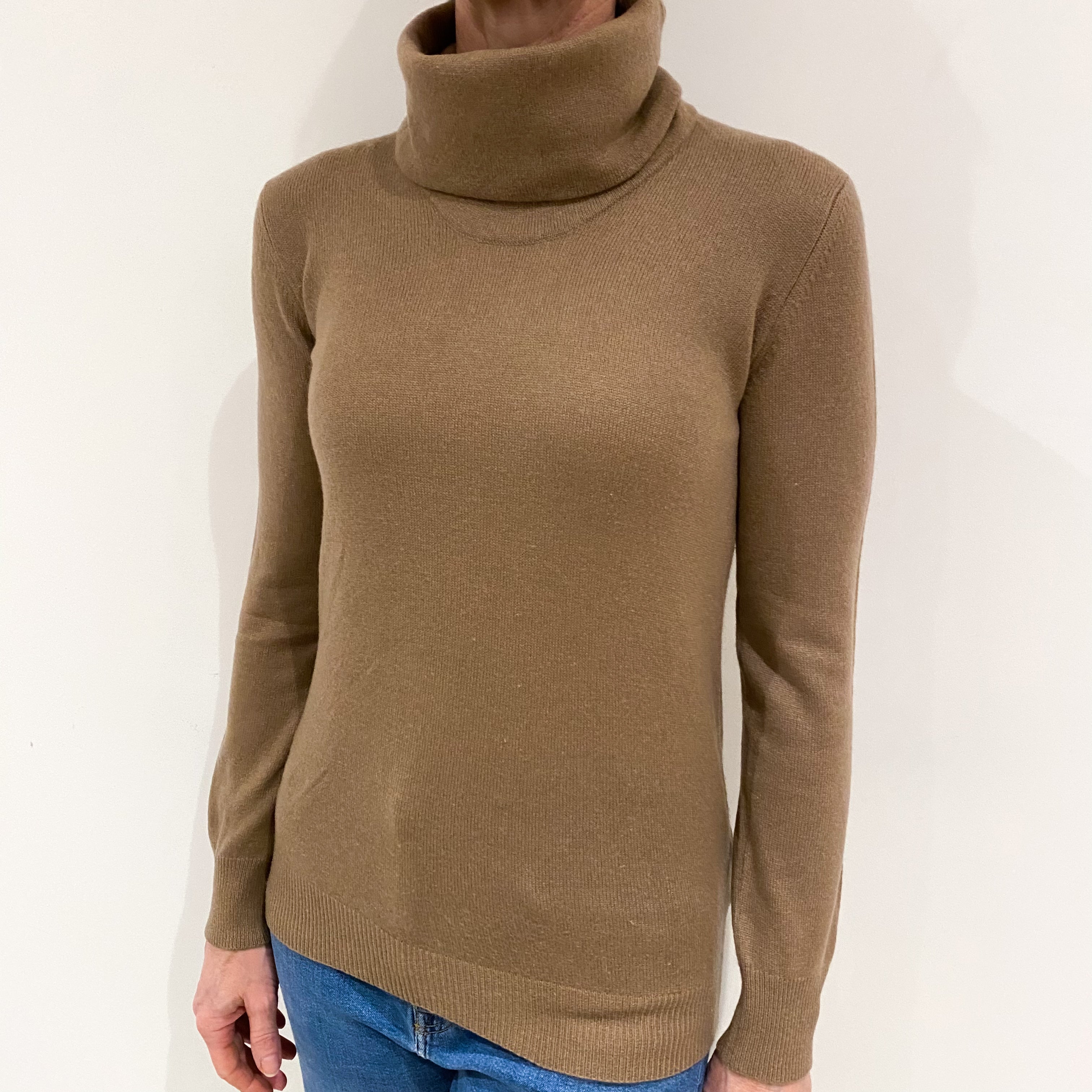 Toffee Brown Cashmere Polo Neck Jumper Small