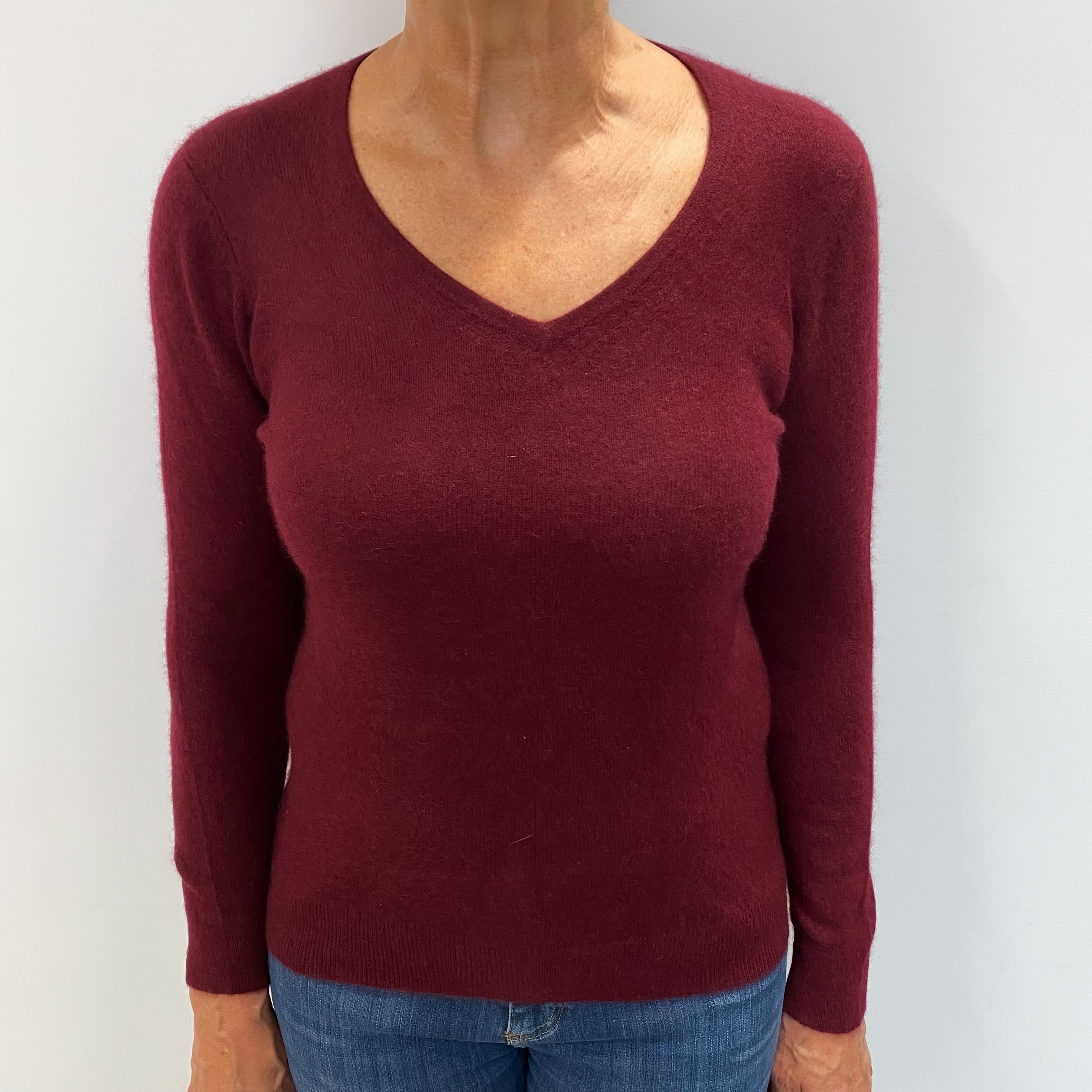 Wine Red Cashmere V Neck Jumper Medium