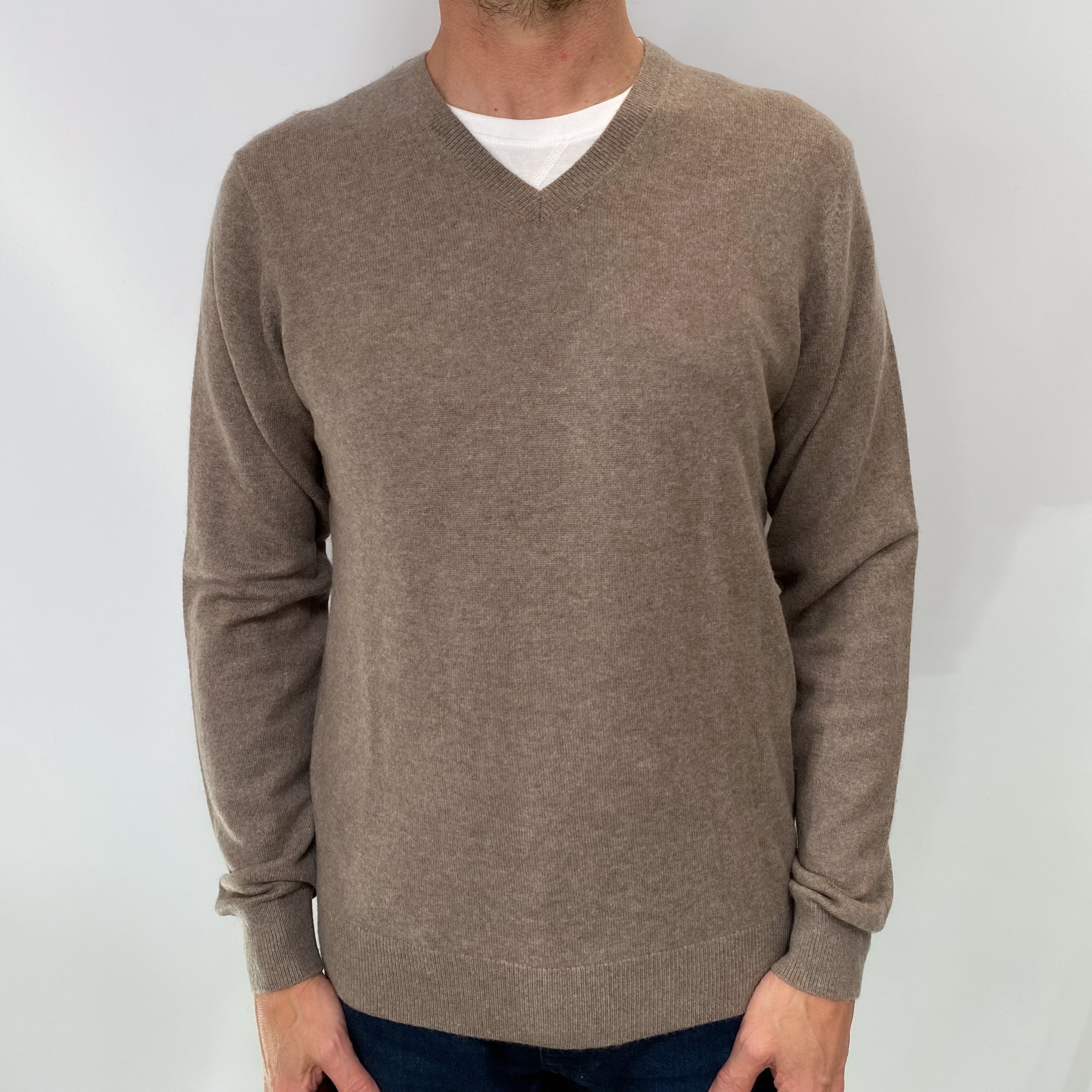 Taupe Brown Men's Cashmere V Neck Jumper Small