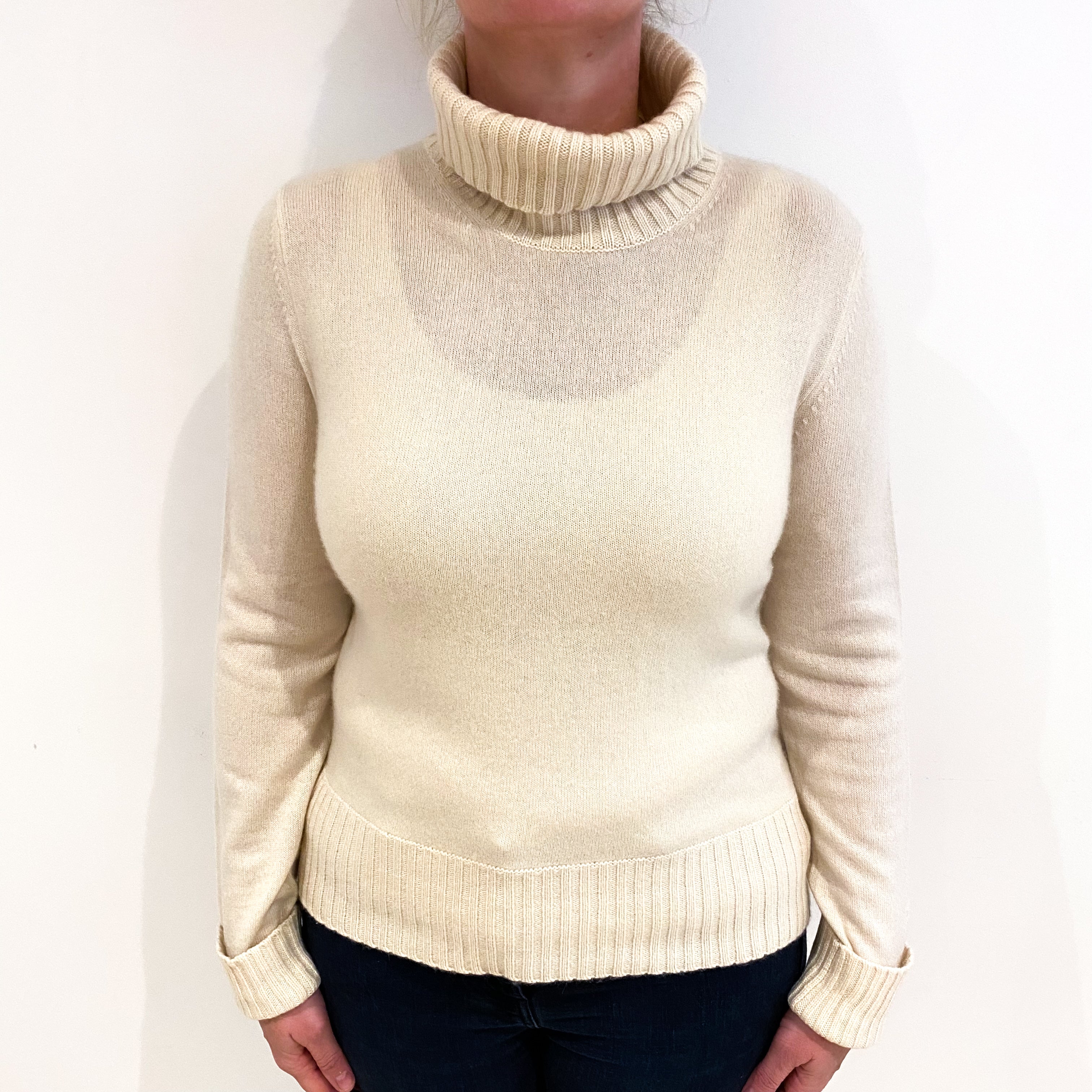 Warm Cream Cashmere Polo Neck Jumper Large