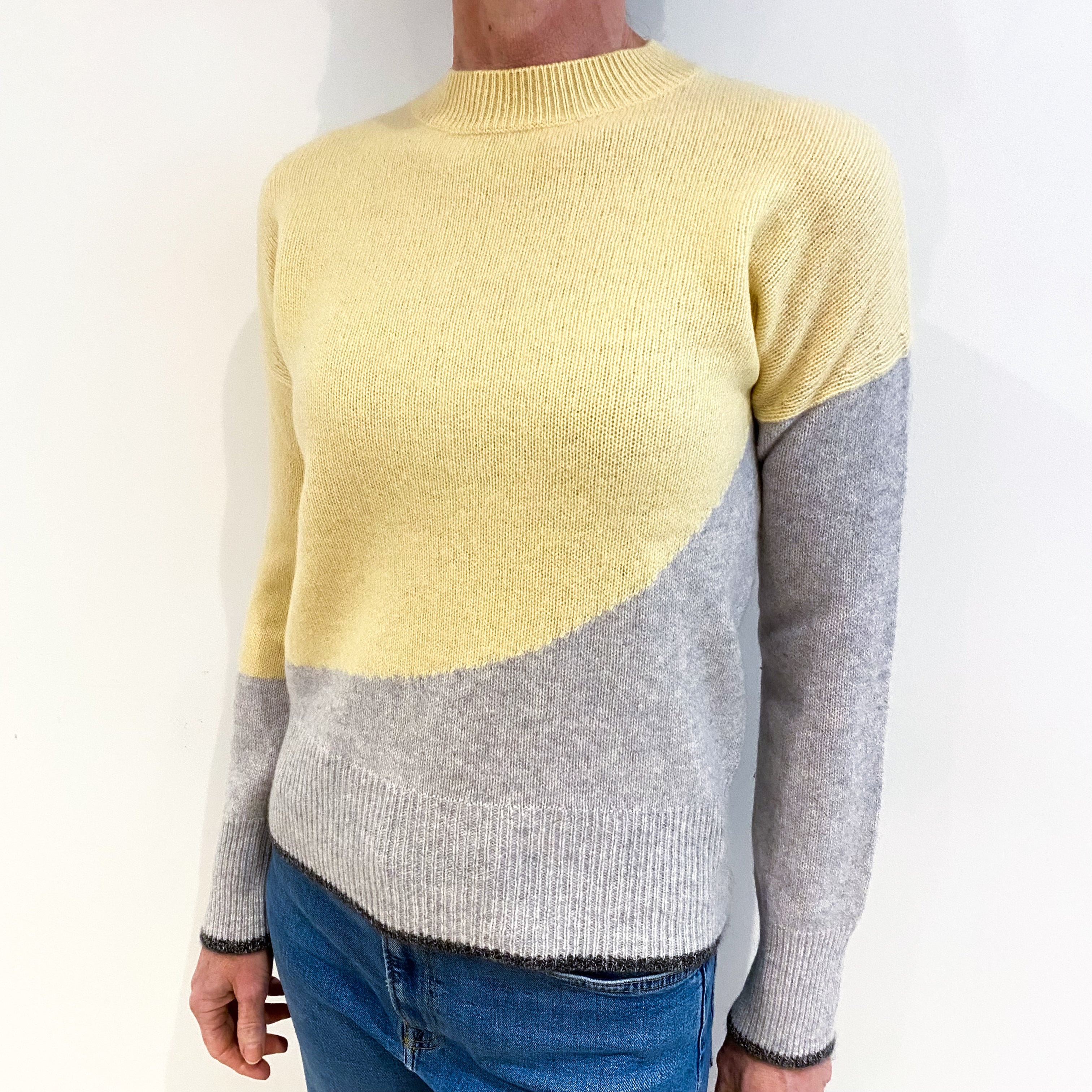 Jigsaw Custard Yellow And Grey Cashmere Crew Neck Jumper Small