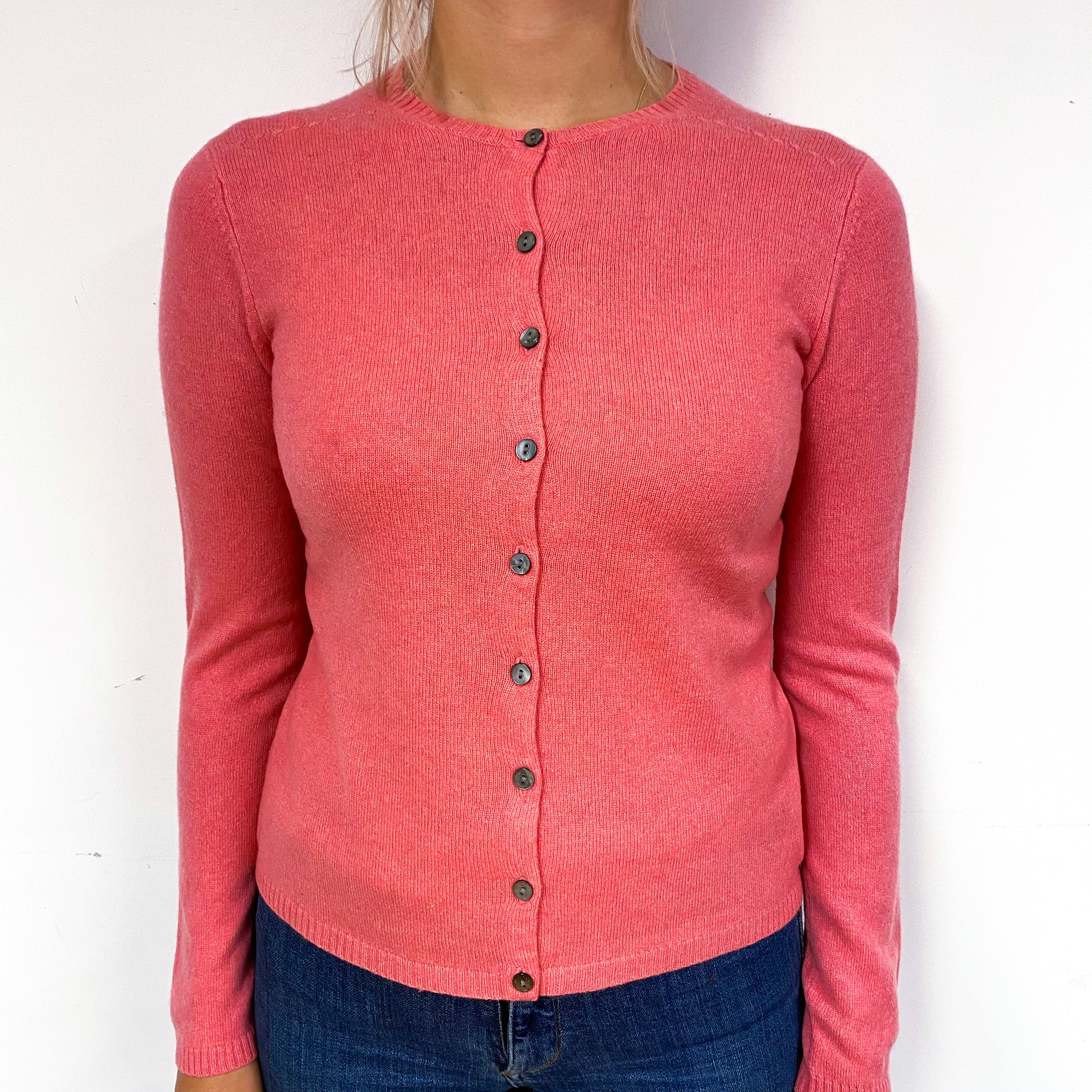 Coral Pink Cashmere Crew Neck Cardigan Small