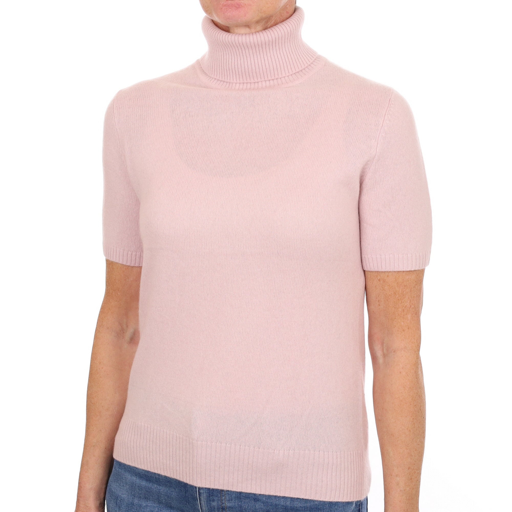 Pale Mauve Cashmere Polo Neck Short Sleeved Jumper Small