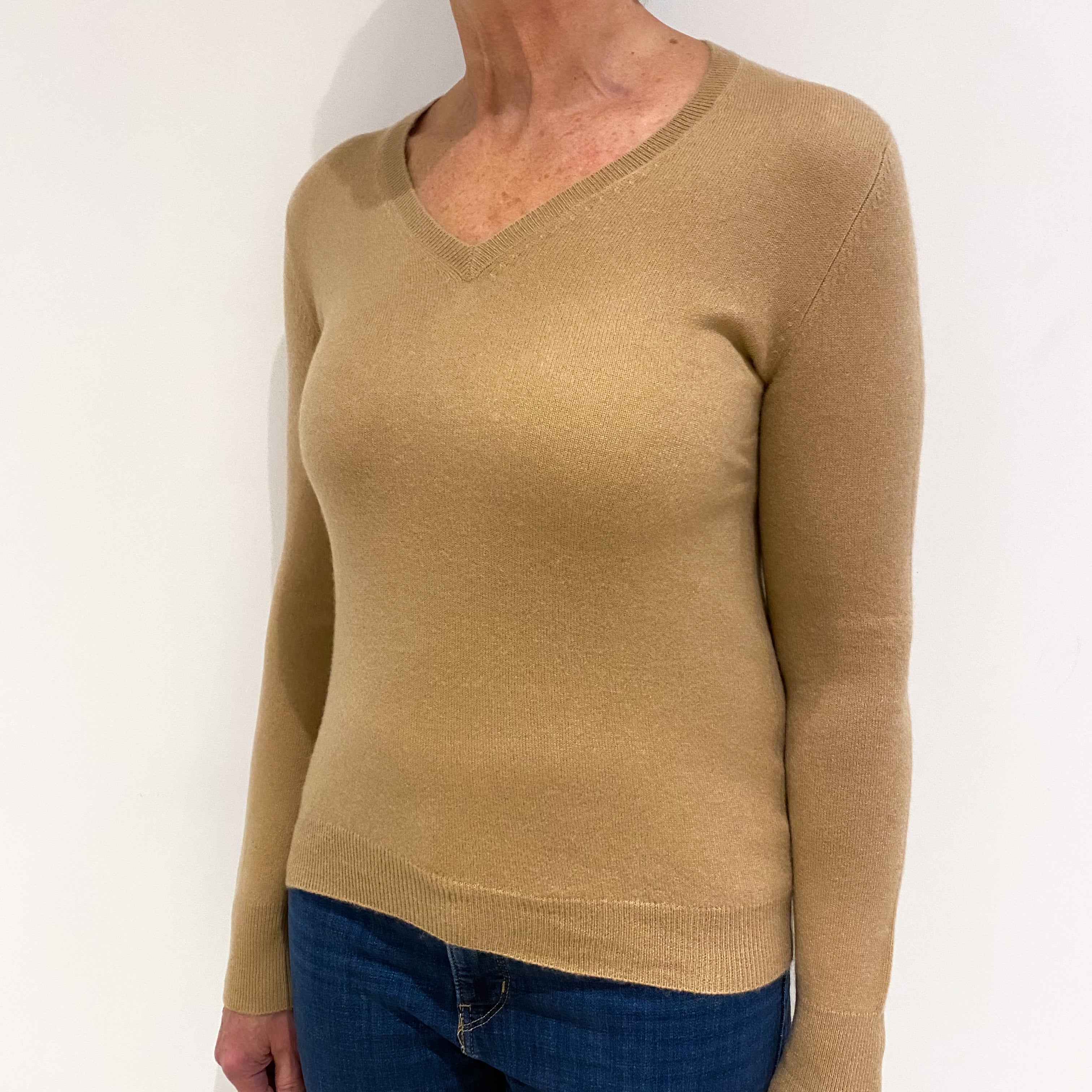 Caramel Brown Cashmere V Neck Jumper Medium