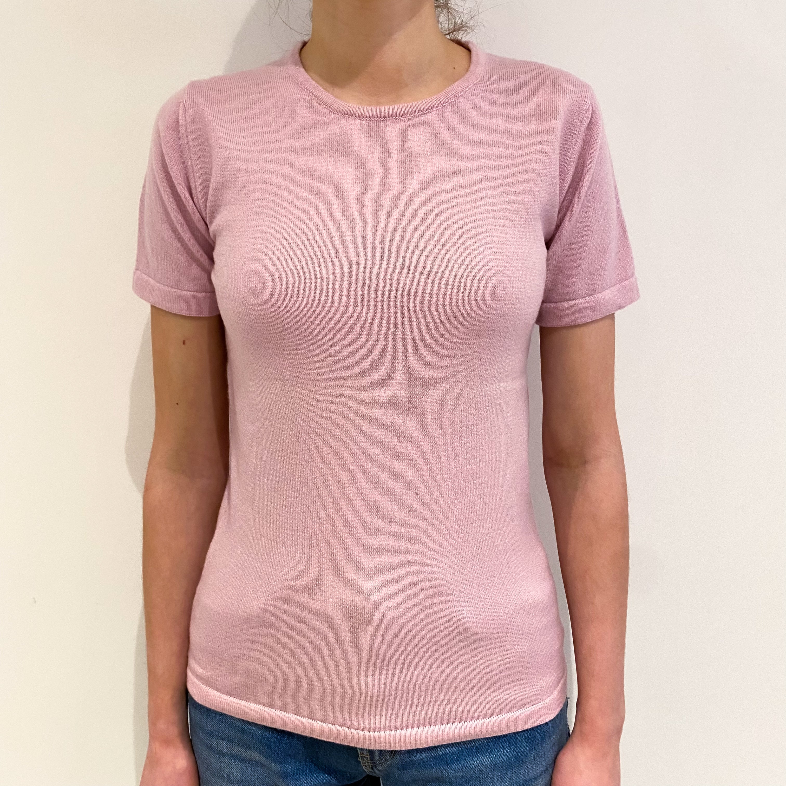 Pale Mauve Pink Cashmere Short Sleeved Crew Neck Jumper Extra Small