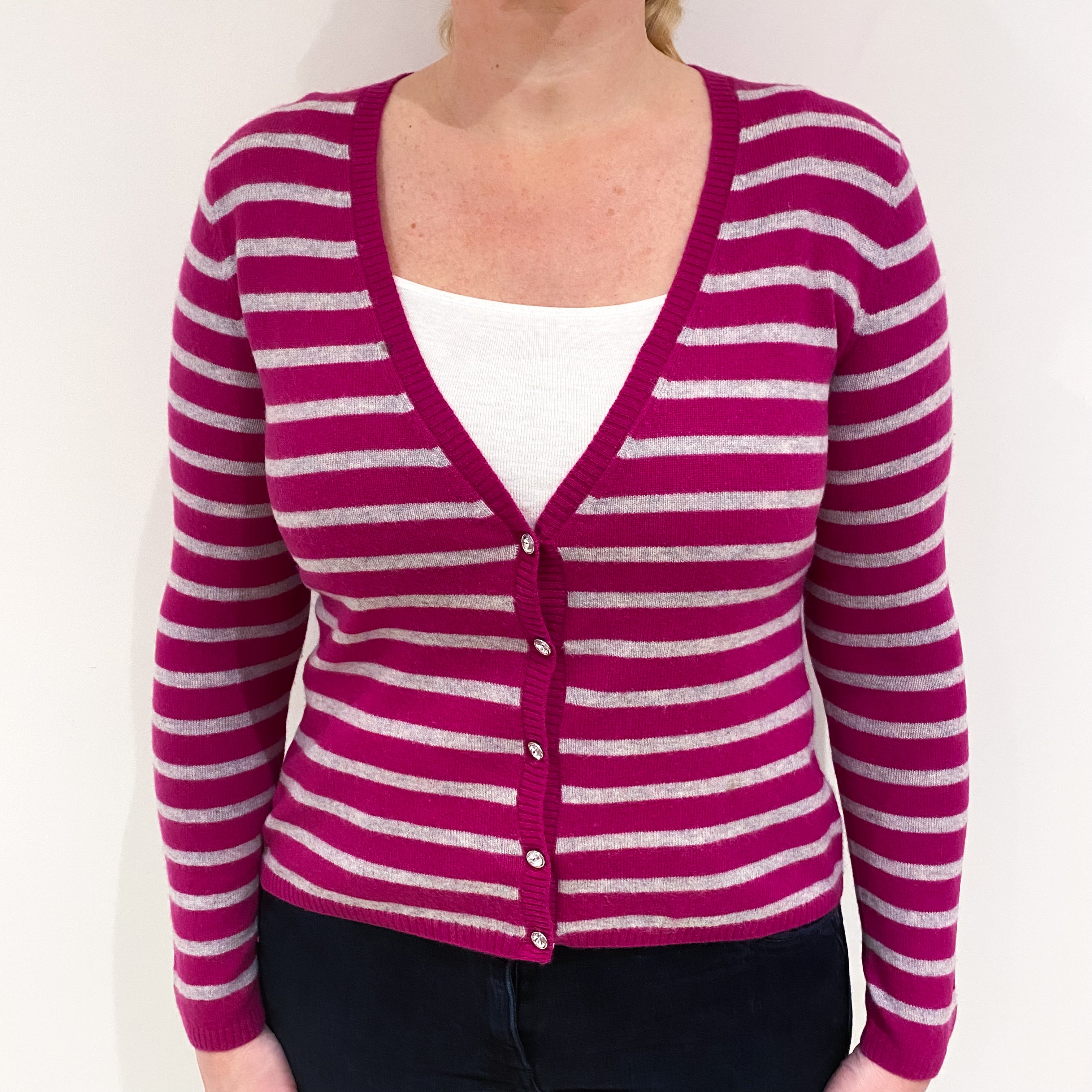 Grey Striped Fuchsia Pink V-Neck Cashmere Cardigan Large