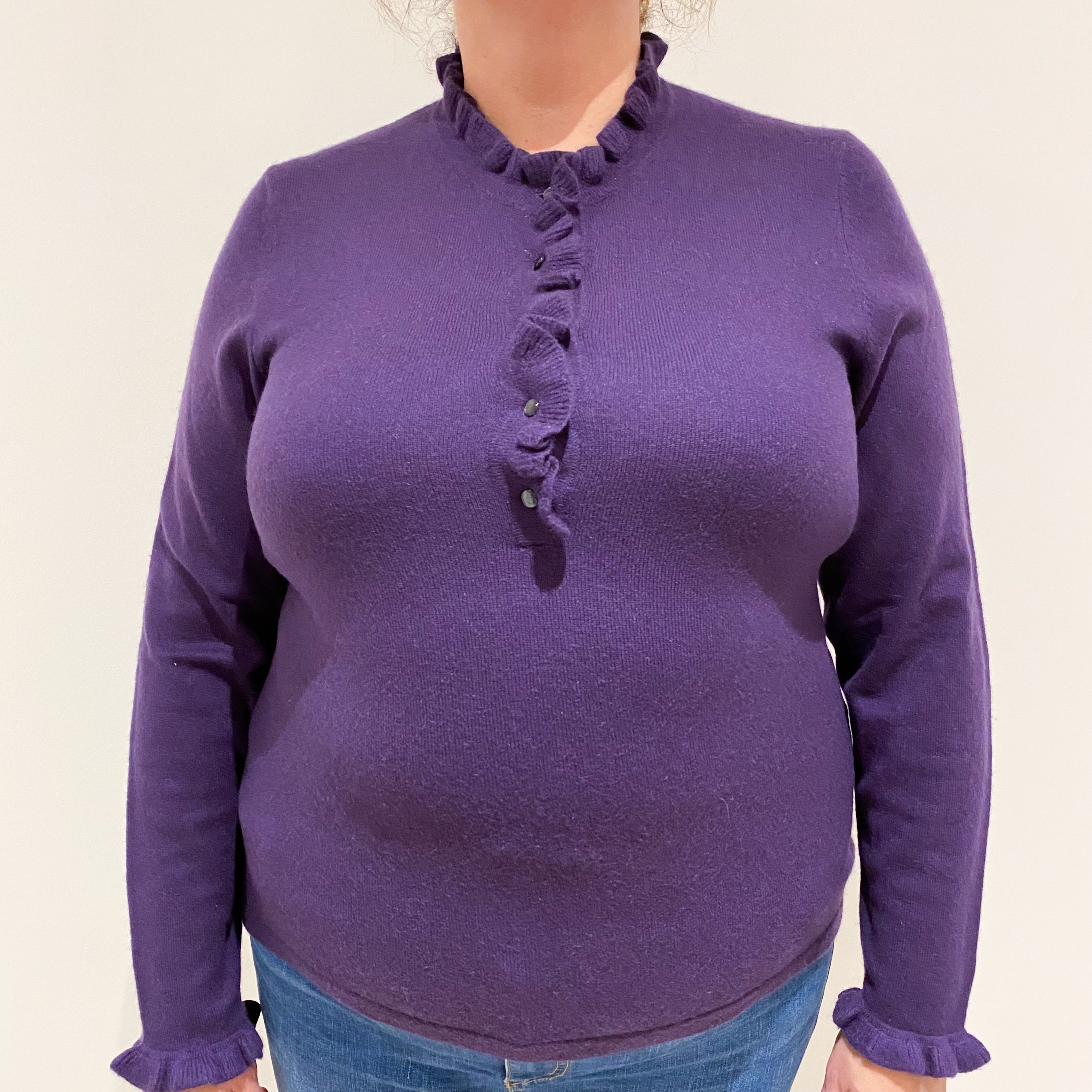 Iris Purple Cashmere Frilled Quarter Button Jumper Extra Large