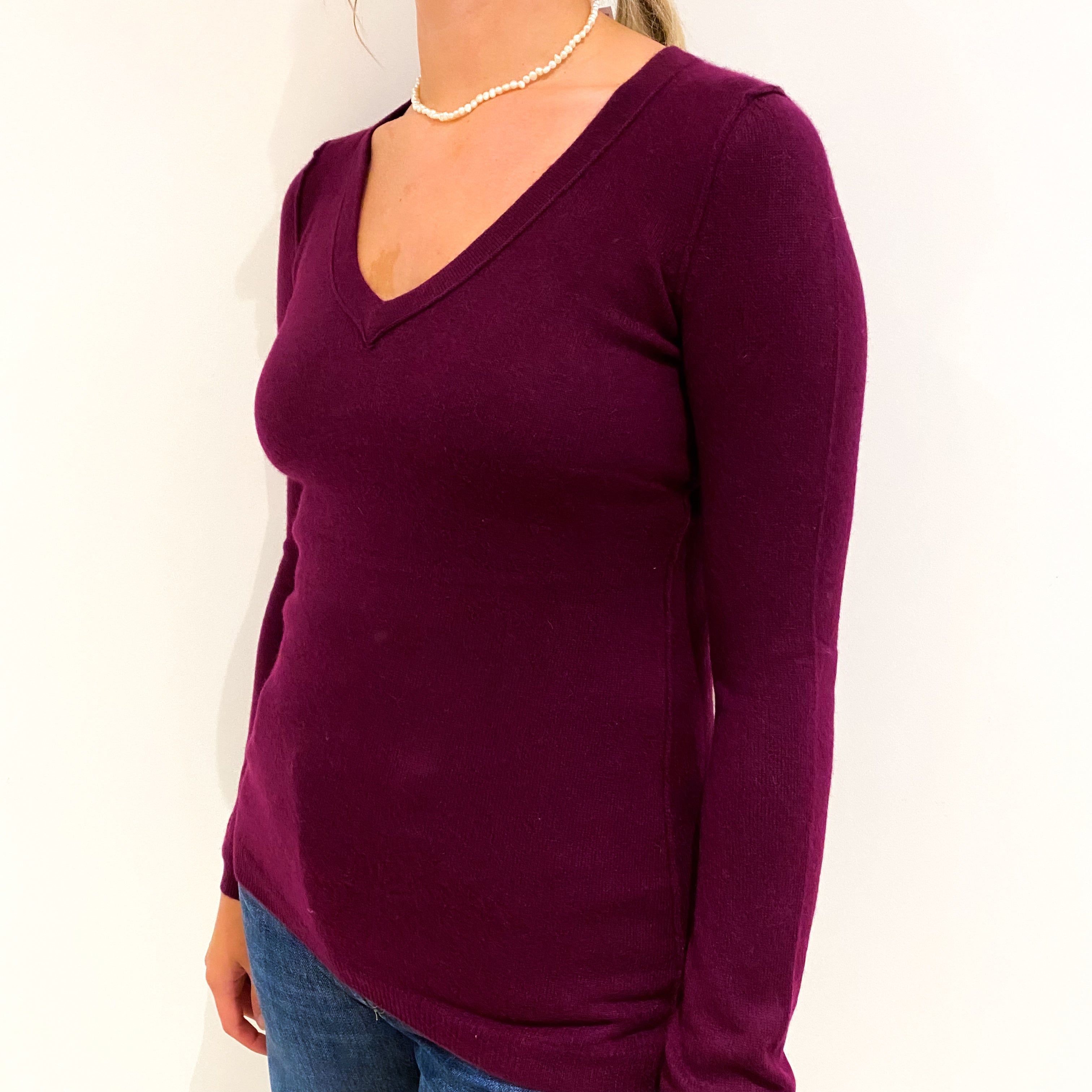 Wine Red Cashmere V-Neck Jumper Small