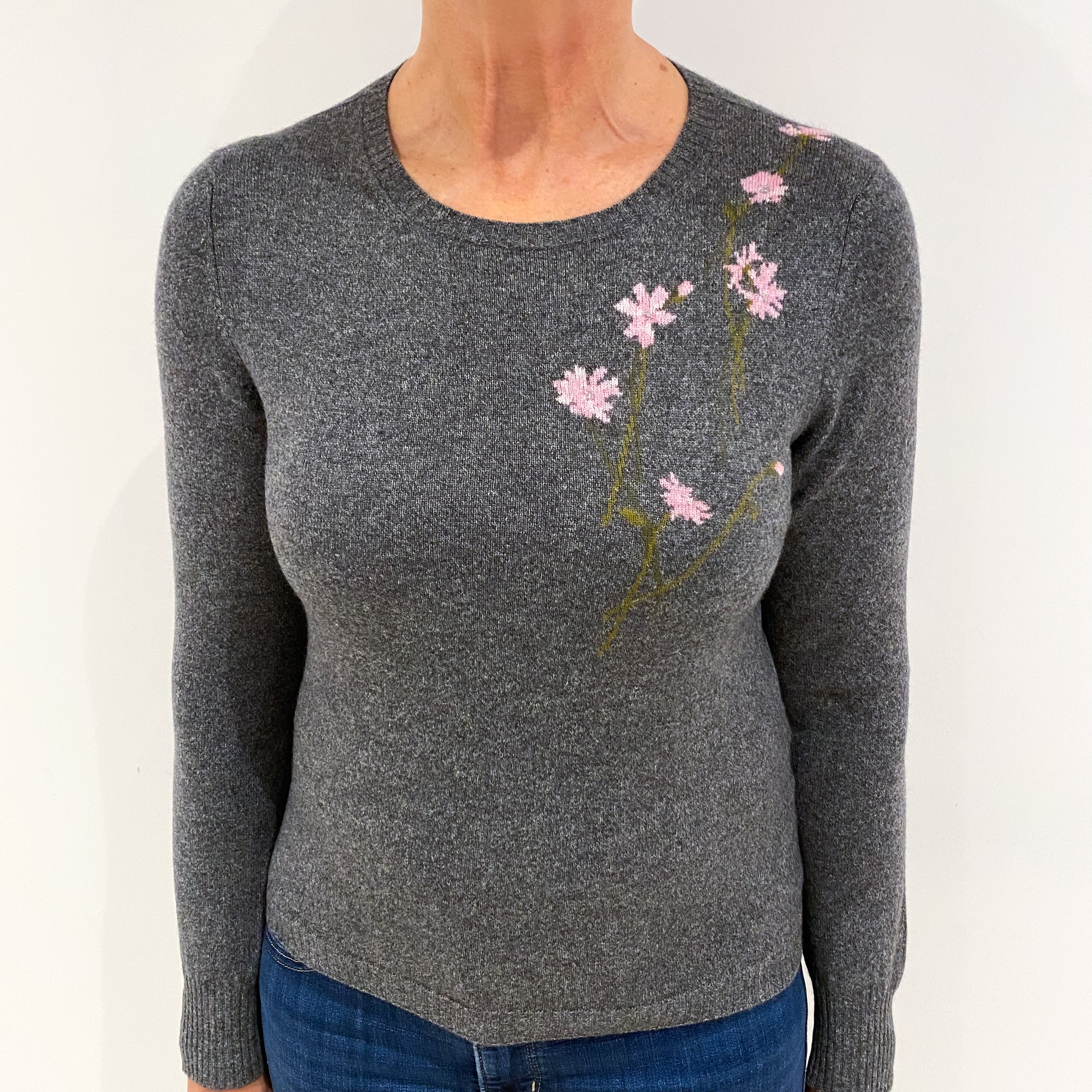 Slate Grey Pink Floral Cashmere Crew Neck Jumper Medium