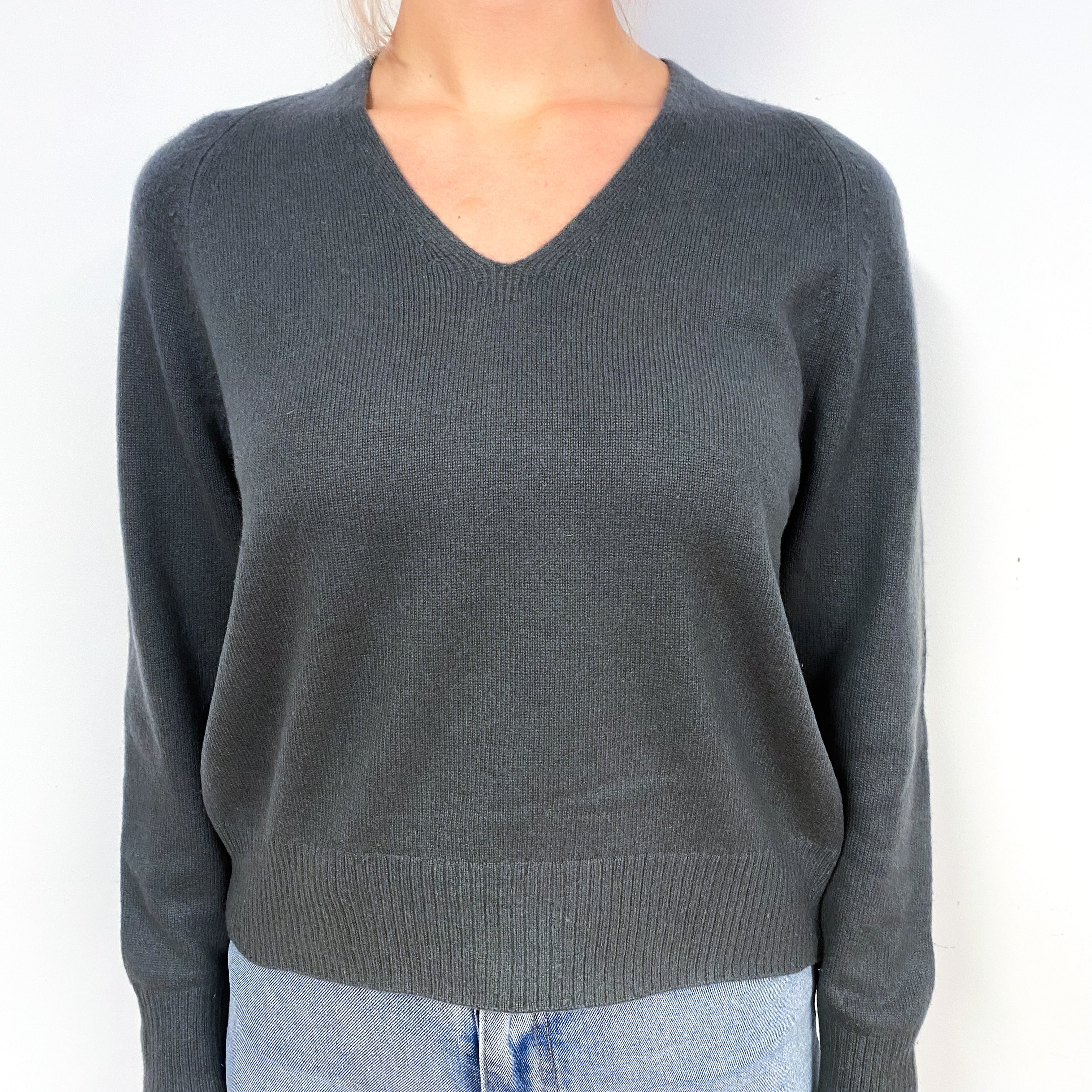 Vince Dark Khaki Green Cashmere V-Neck Jumper Small