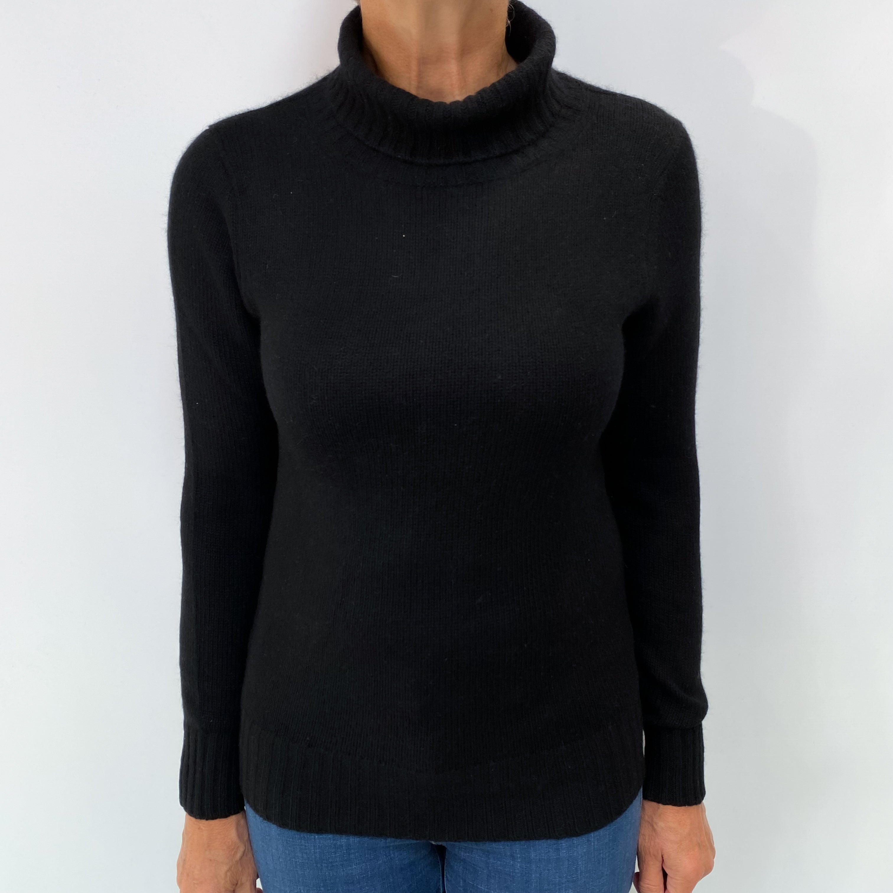 Black Cashmere Polo Neck Rib Jumper Medium