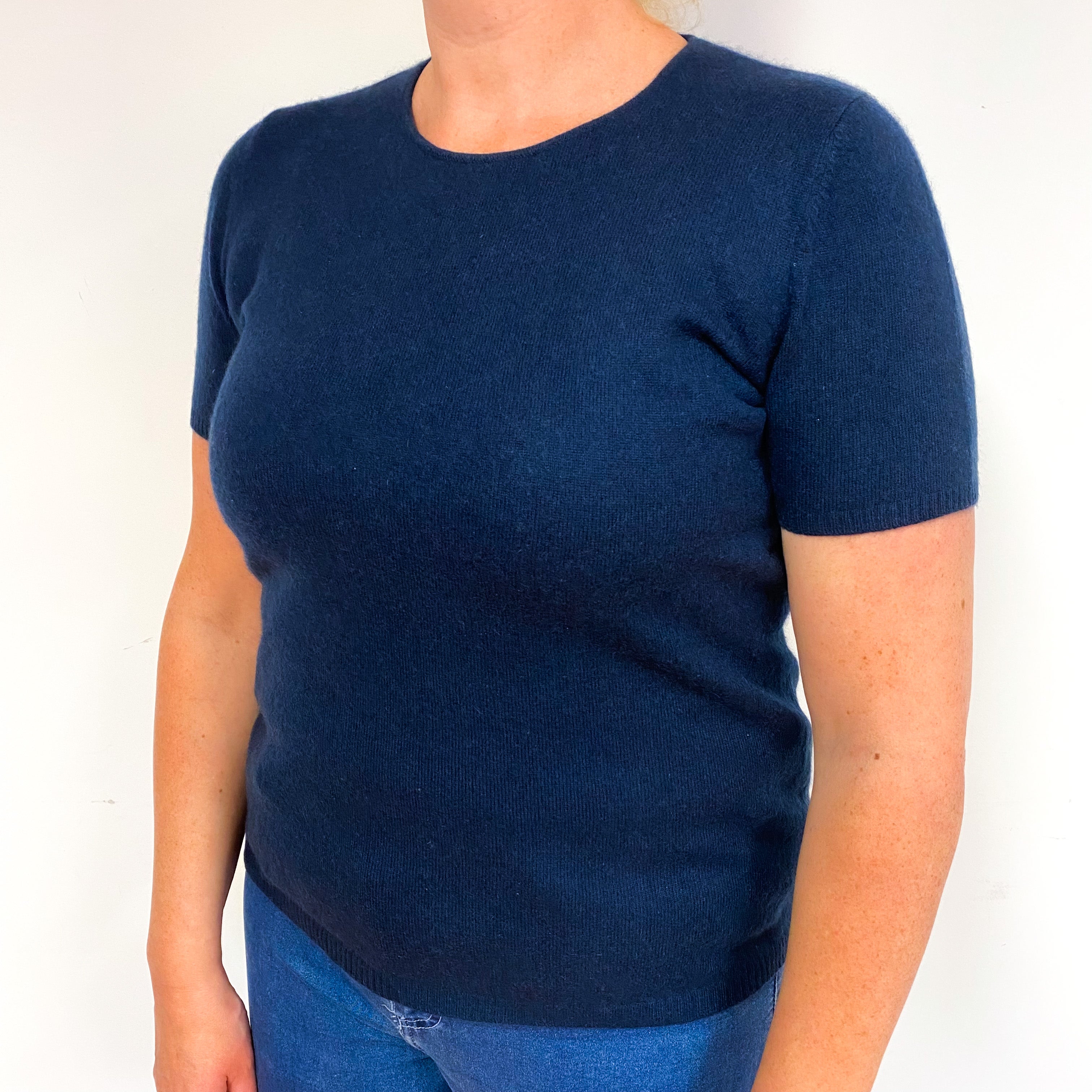 Navy Blue Short Sleeve Cashmere Crew Neck Jumper Large