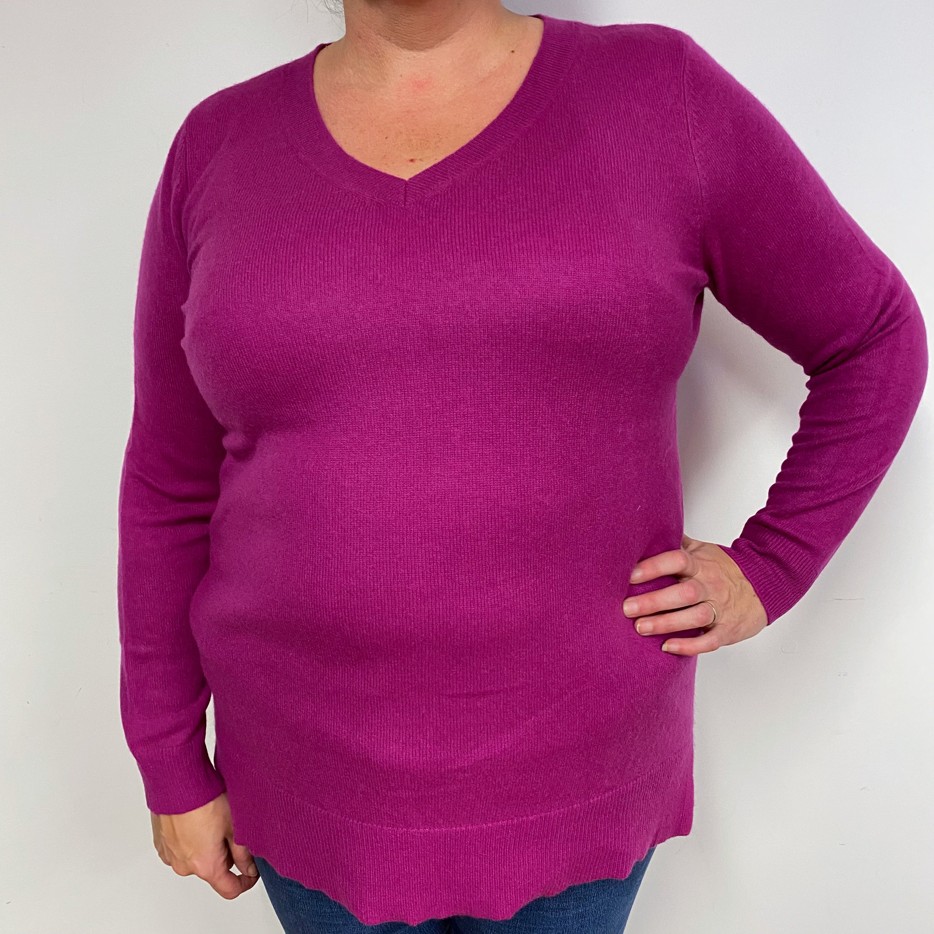 Magenta Pink Cashmere V-Neck Jumper Extra Large