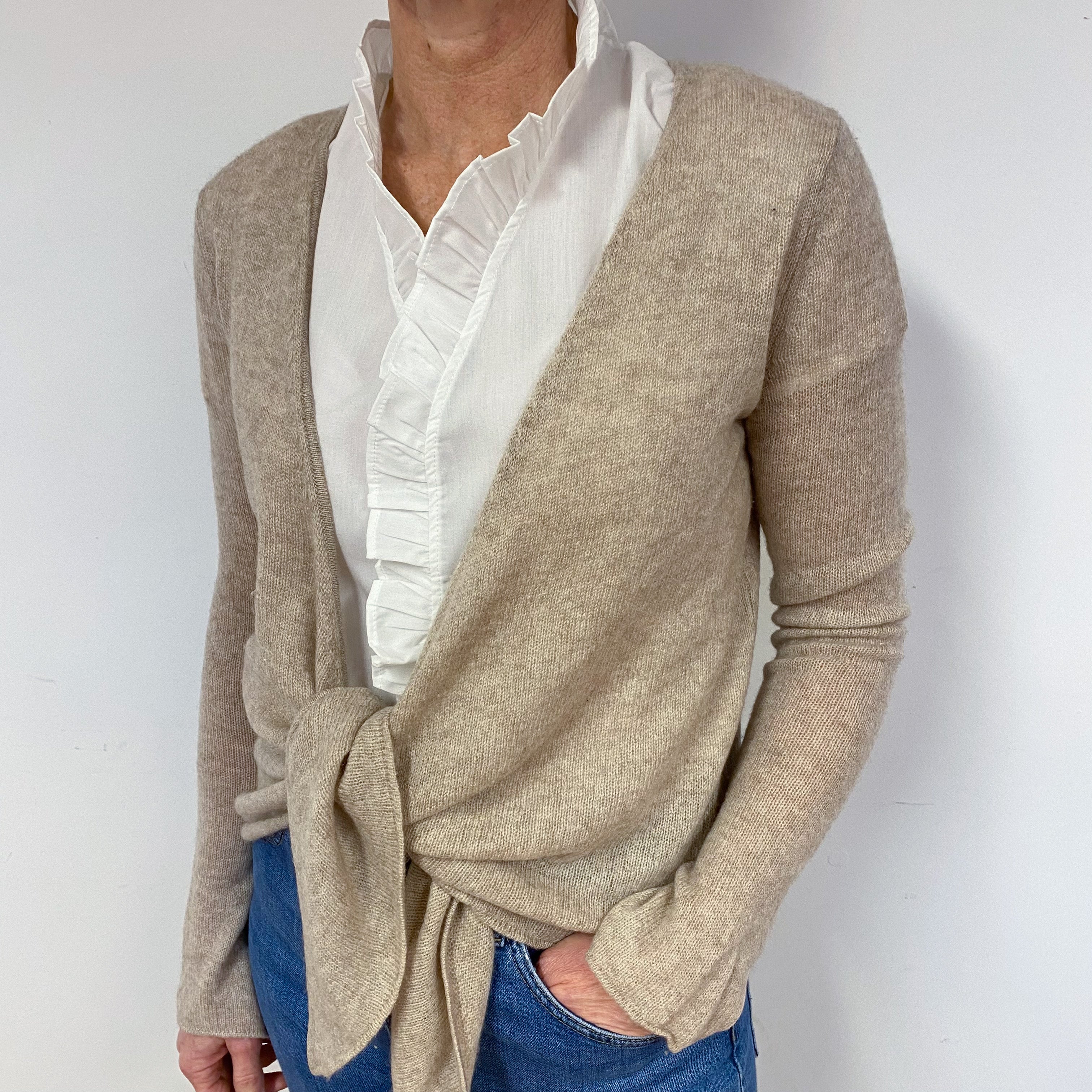 Fawn Cashmere Tie Front Cardigan Medium