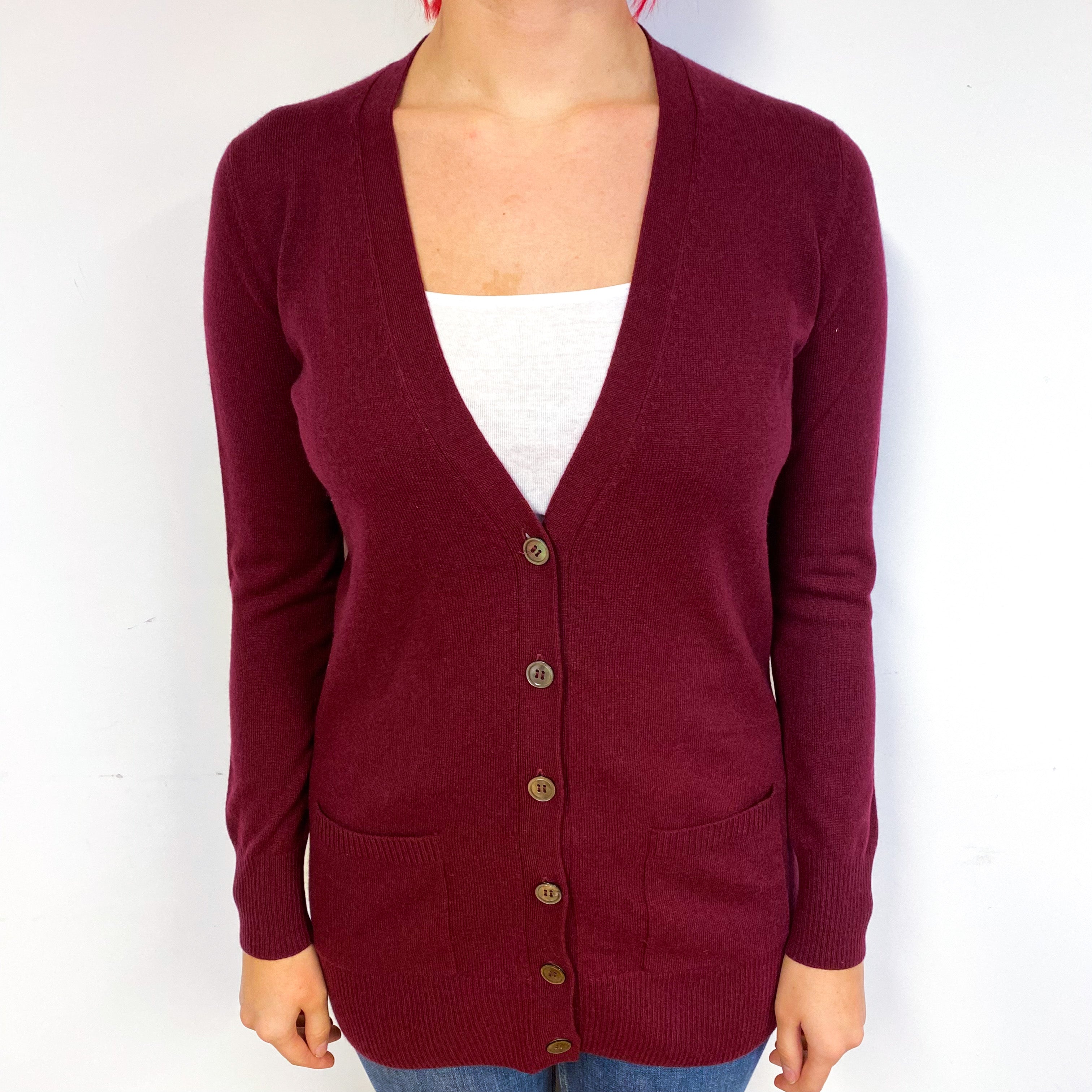 Wine Red Longline Cashmere V-Neck Cardigan Small