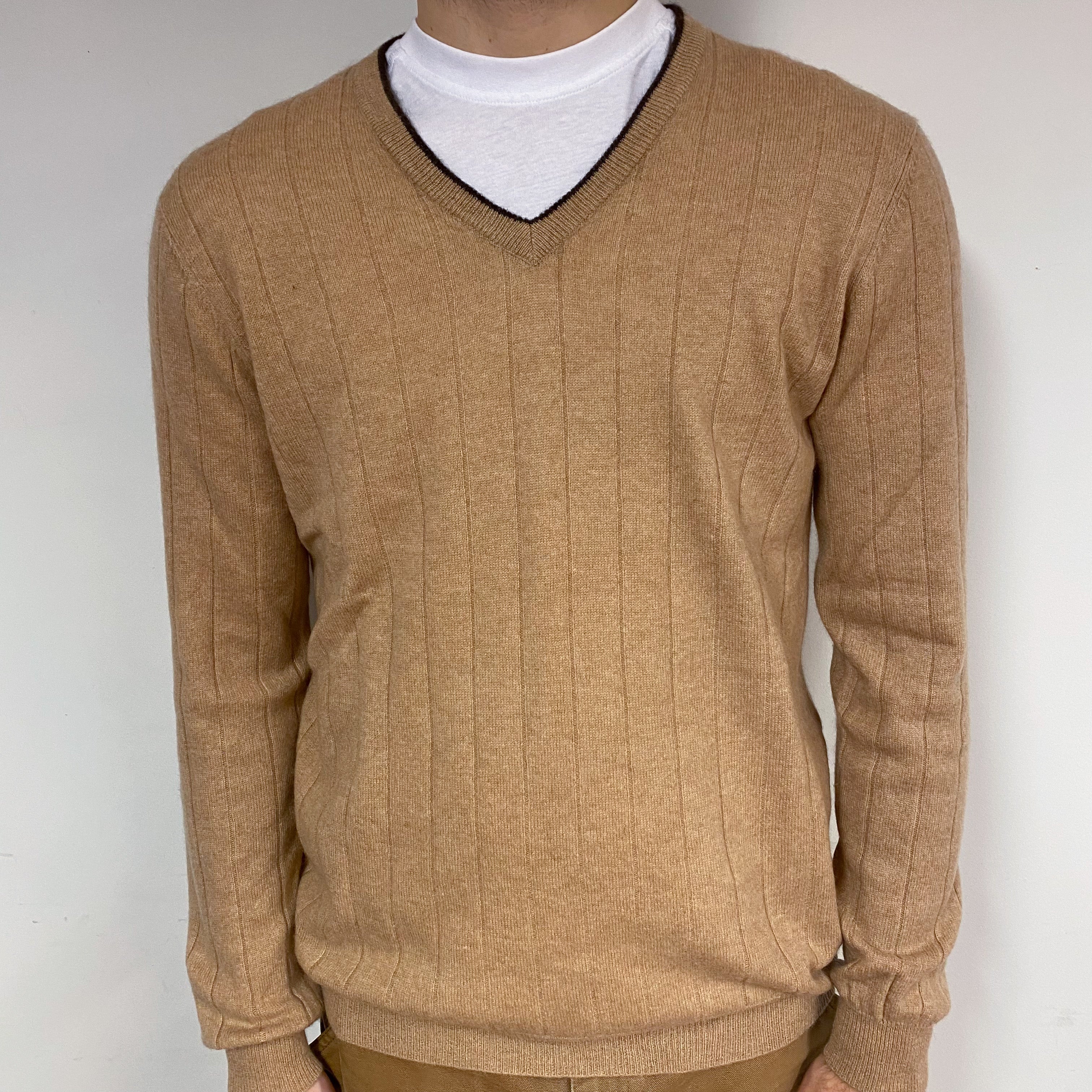 Men's Caramel Brown Cashmere V-Neck Jumper Medium