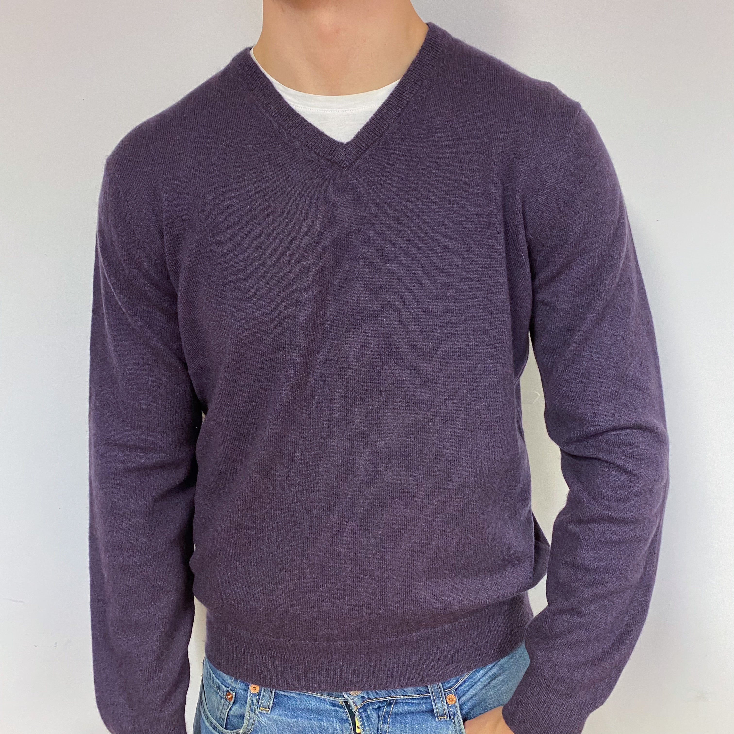 Men's Blueberry Purple Cashmere V-Neck Jumper Extra Large – NEARLY NEW ...