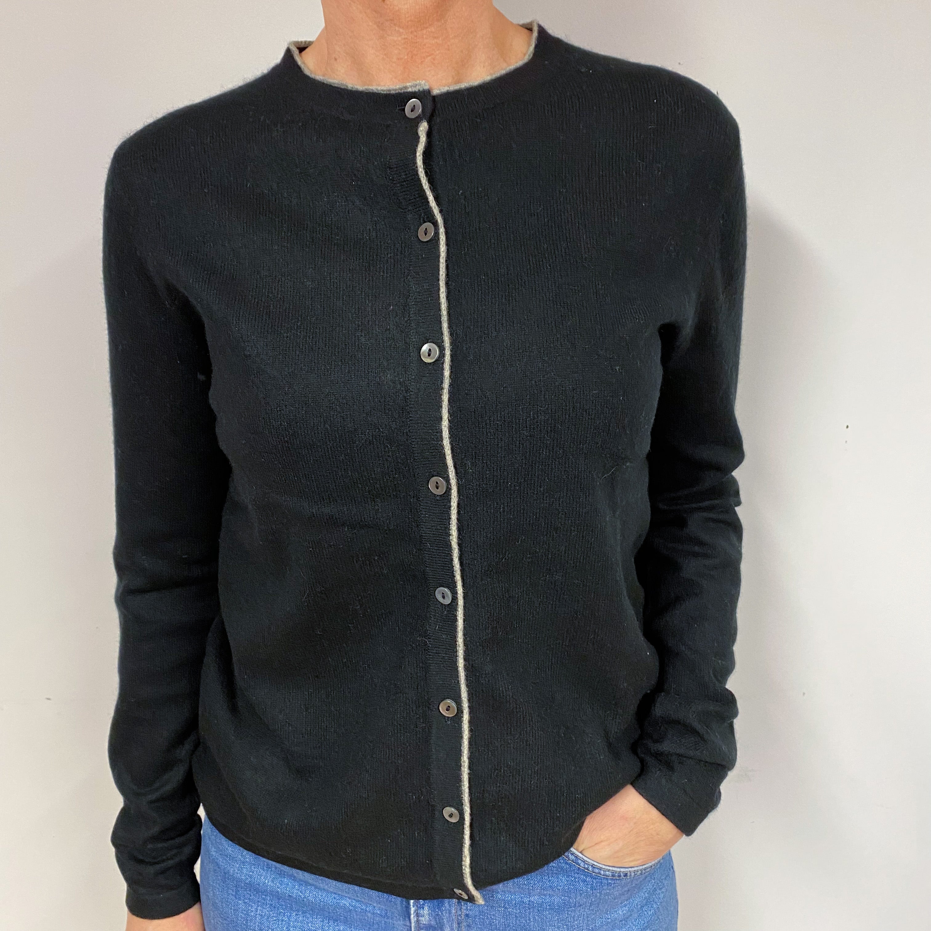 Black Cashmere Crew Neck Cardigan Medium