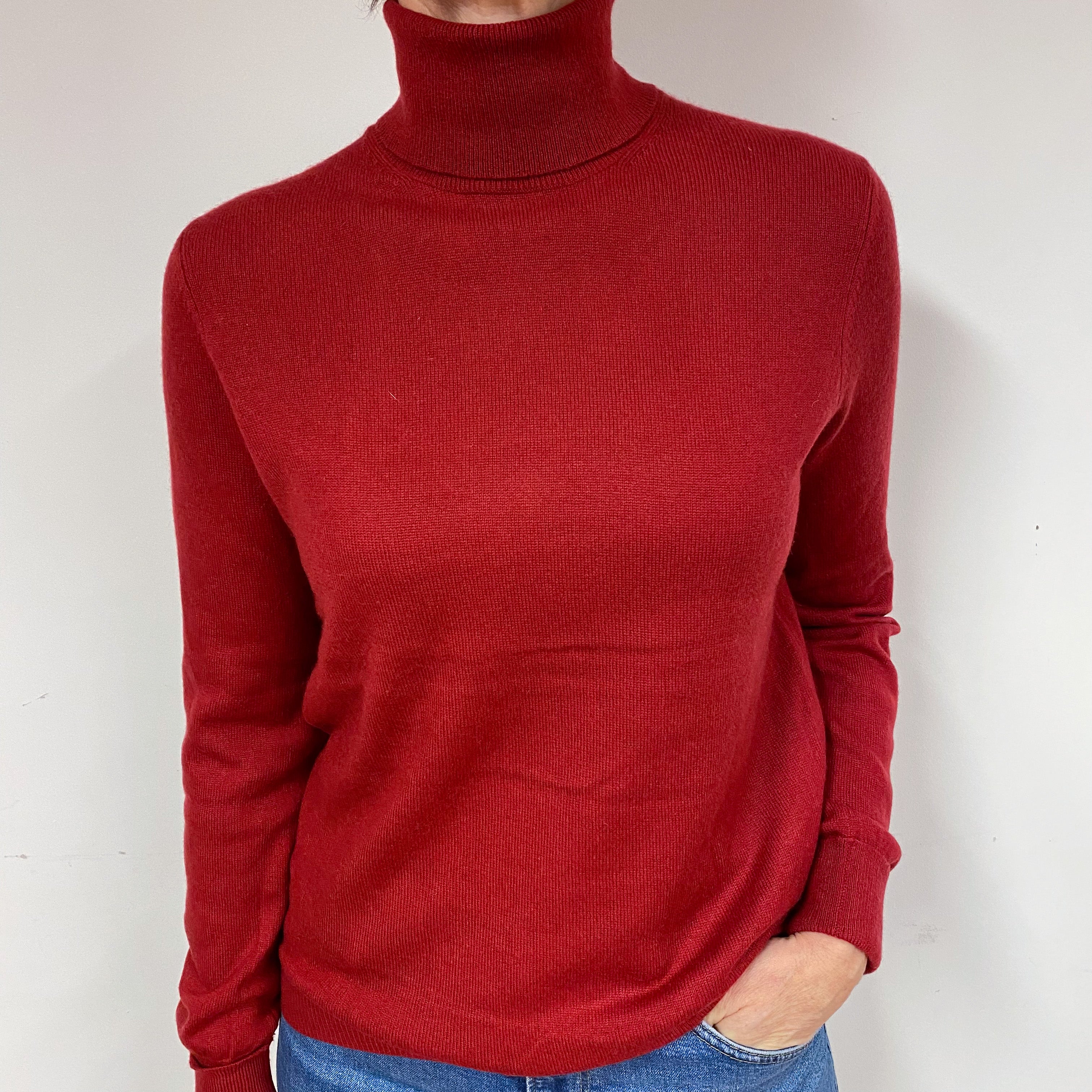 Crimson Red Cashmere Polo Neck Jumper Medium