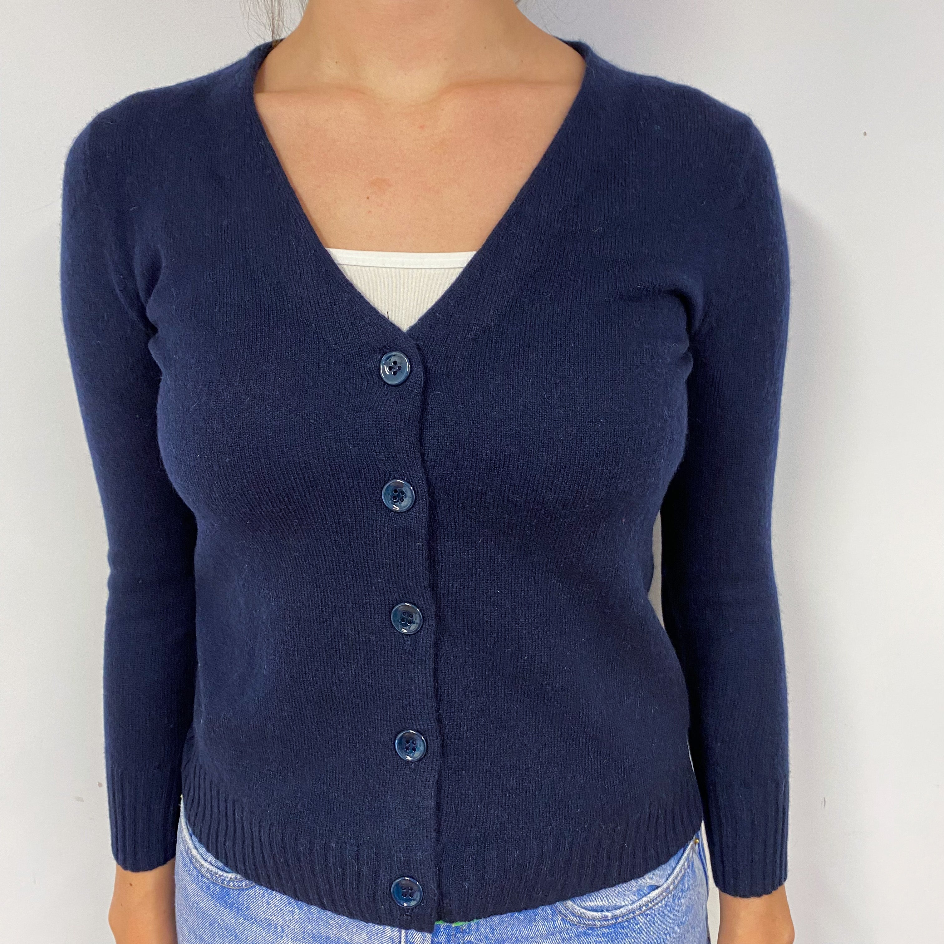 Navy Blue Cashmere V-Neck Cardigan Small