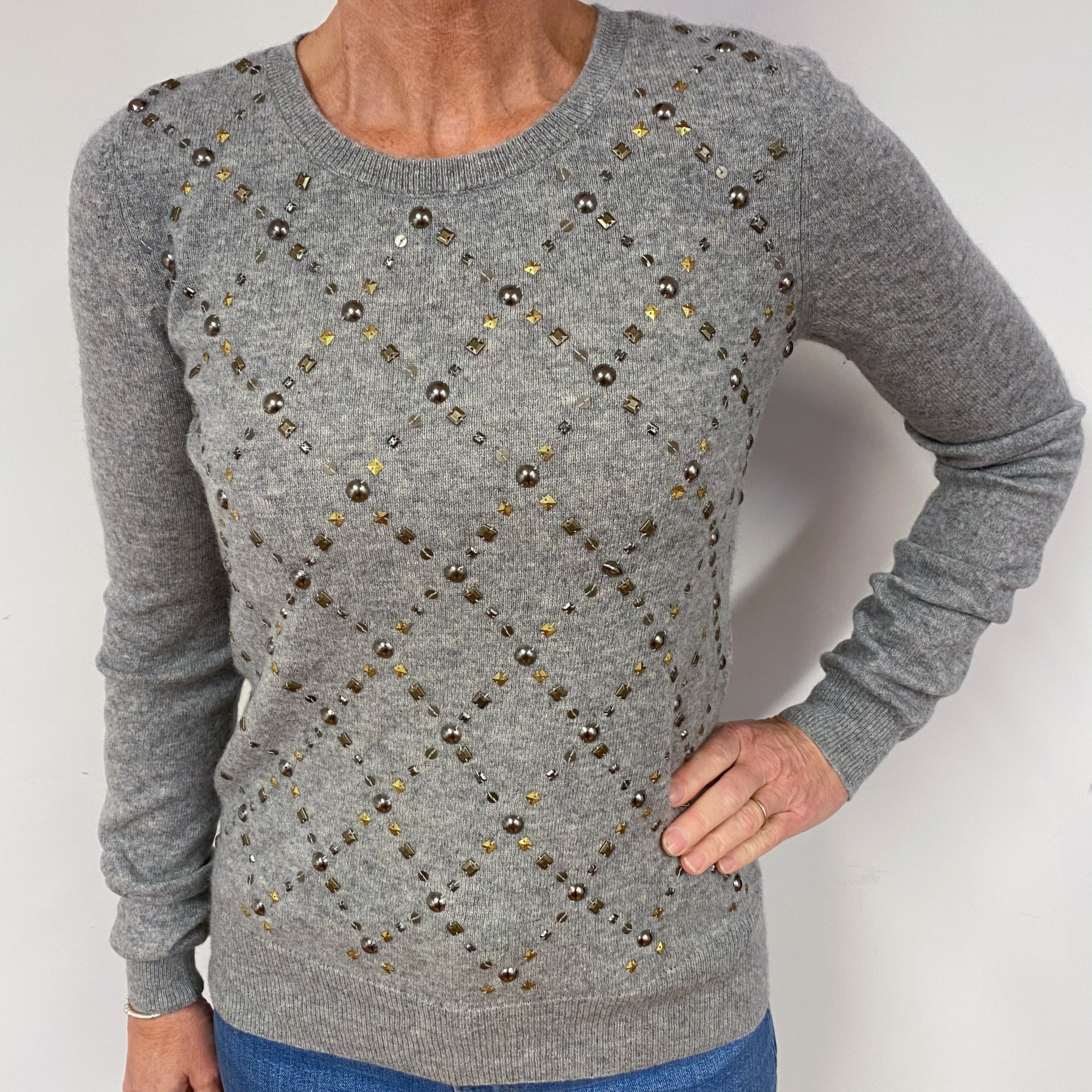 Steel Grey Embellishes Cashmere Crew Neck Jumper Medium