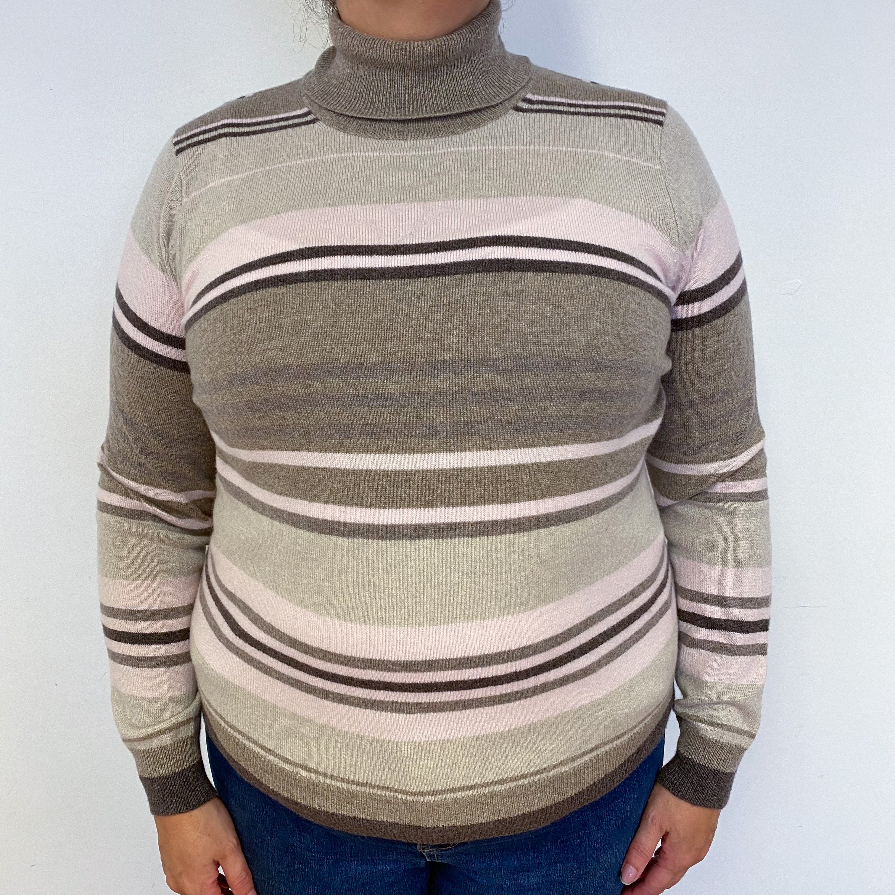 New Brown and Pink Striped Cashmere Polo Neck Jumper