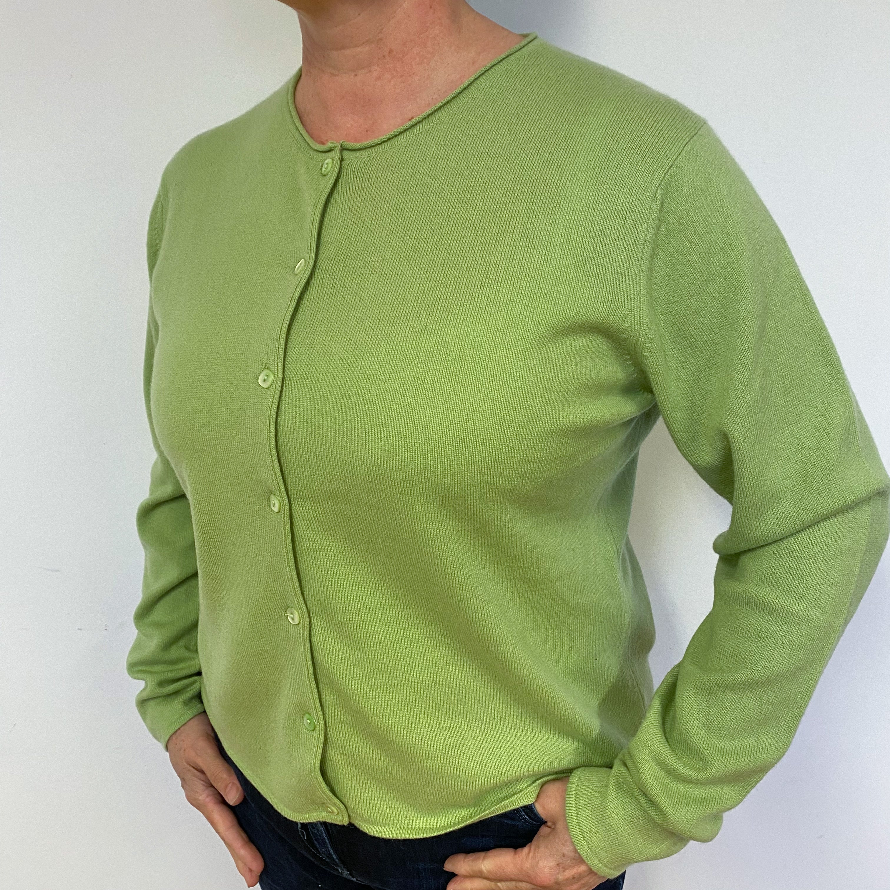 Pear Green Cashmere Crew Neck Cardigan Large