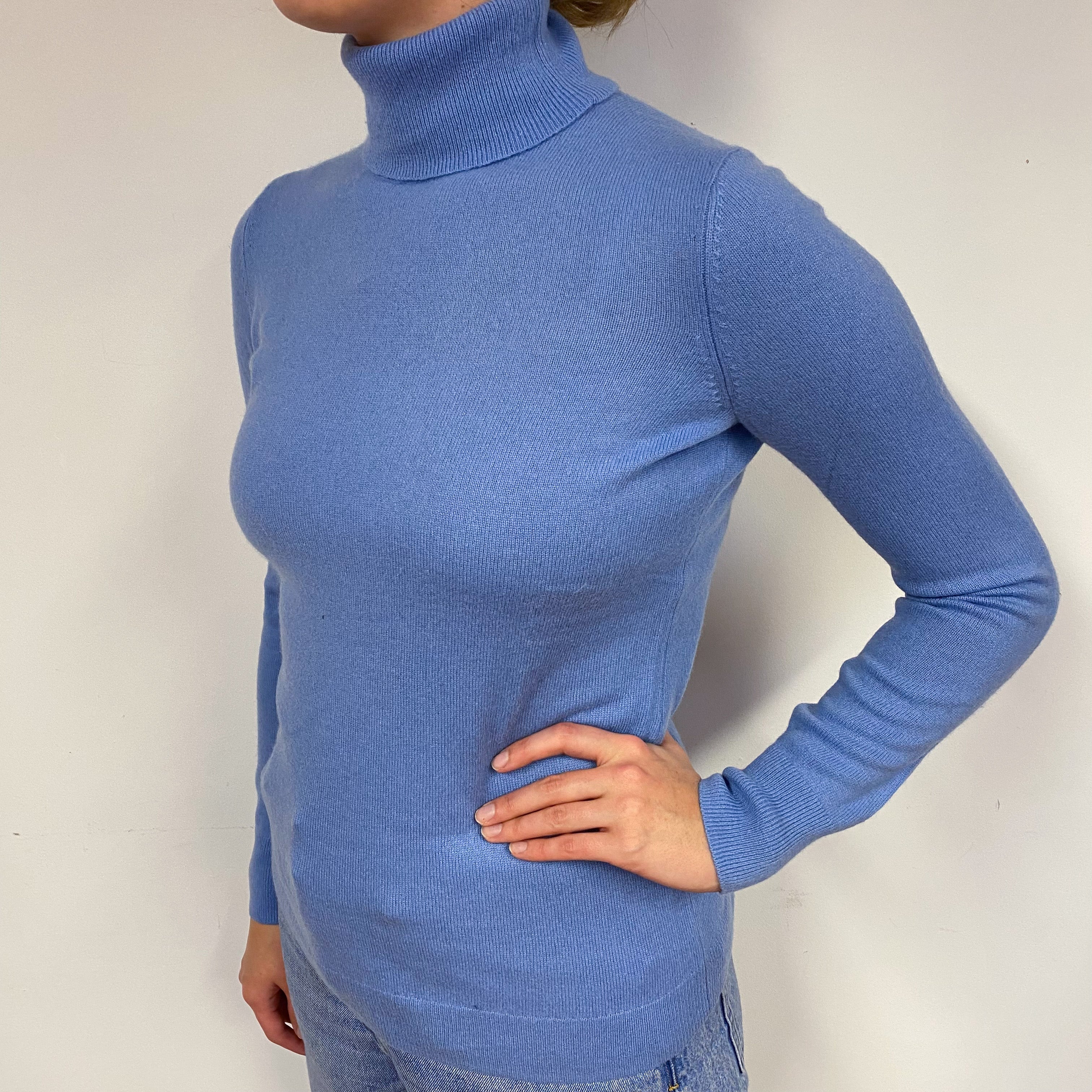 Deep Sky Blue Cashmere Polo Neck Jumper Small