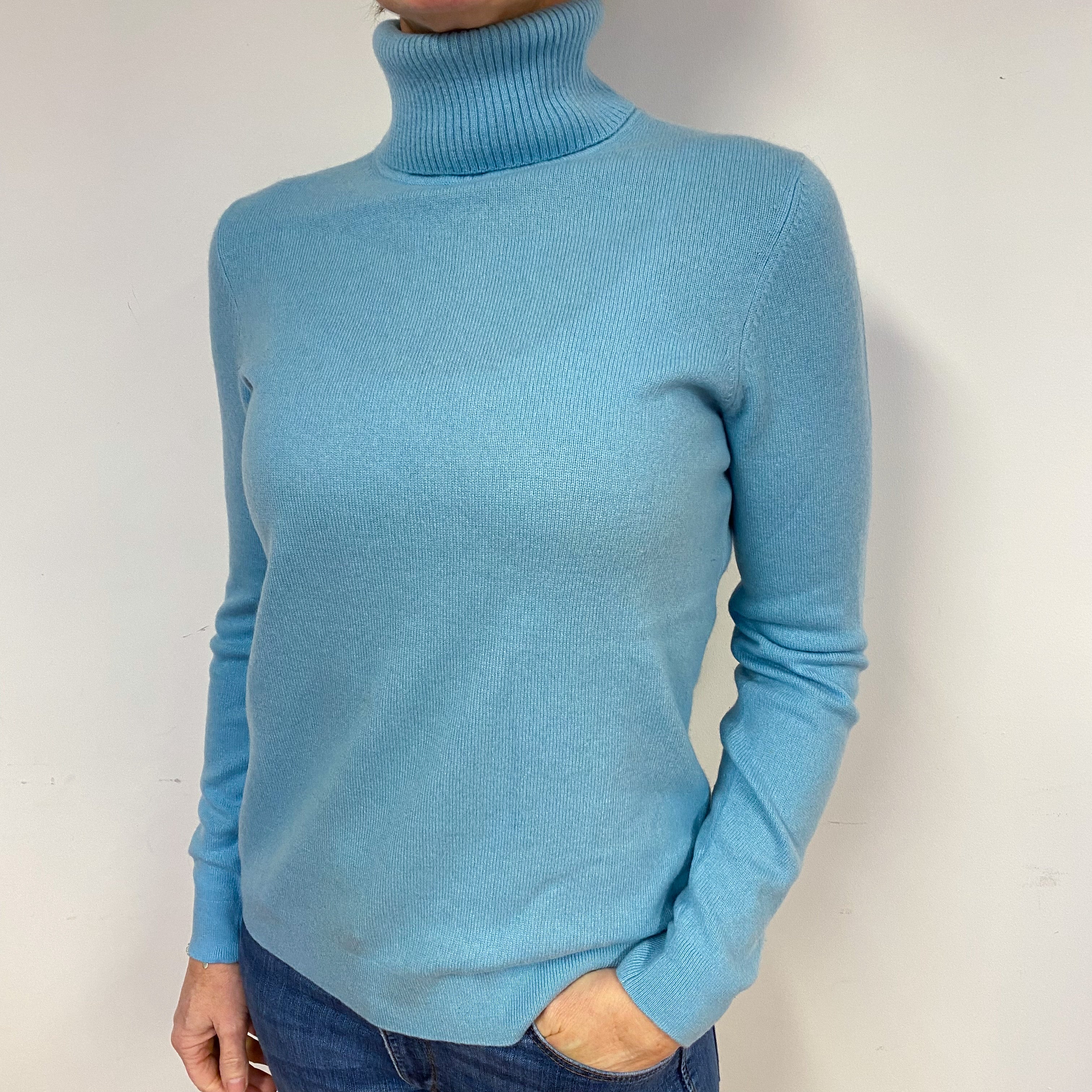 Pale Aqua Blue Cashmere Polo Neck Jumper Medium