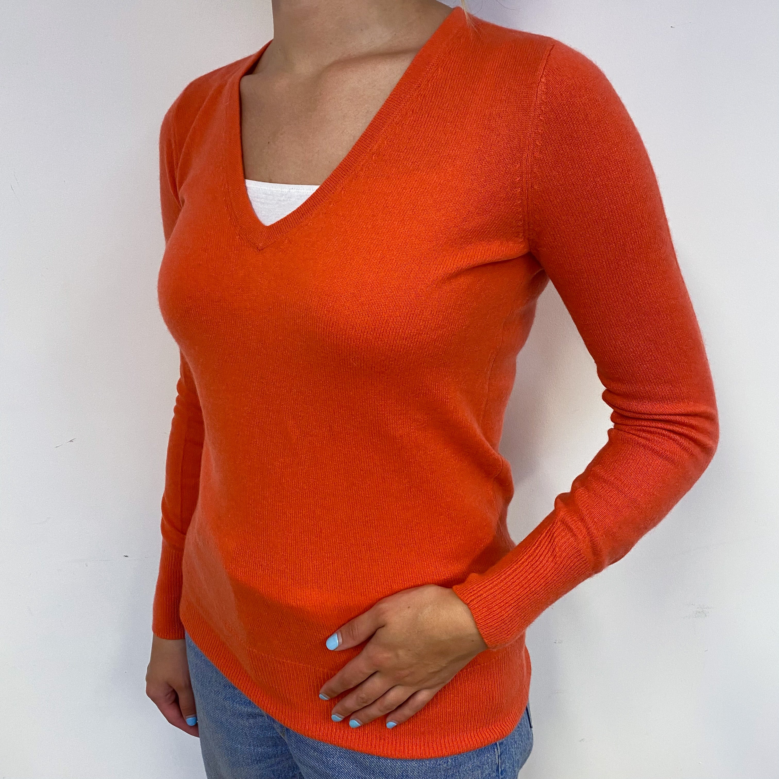 Tangerine Orange Cashmere V-Neck Jumper