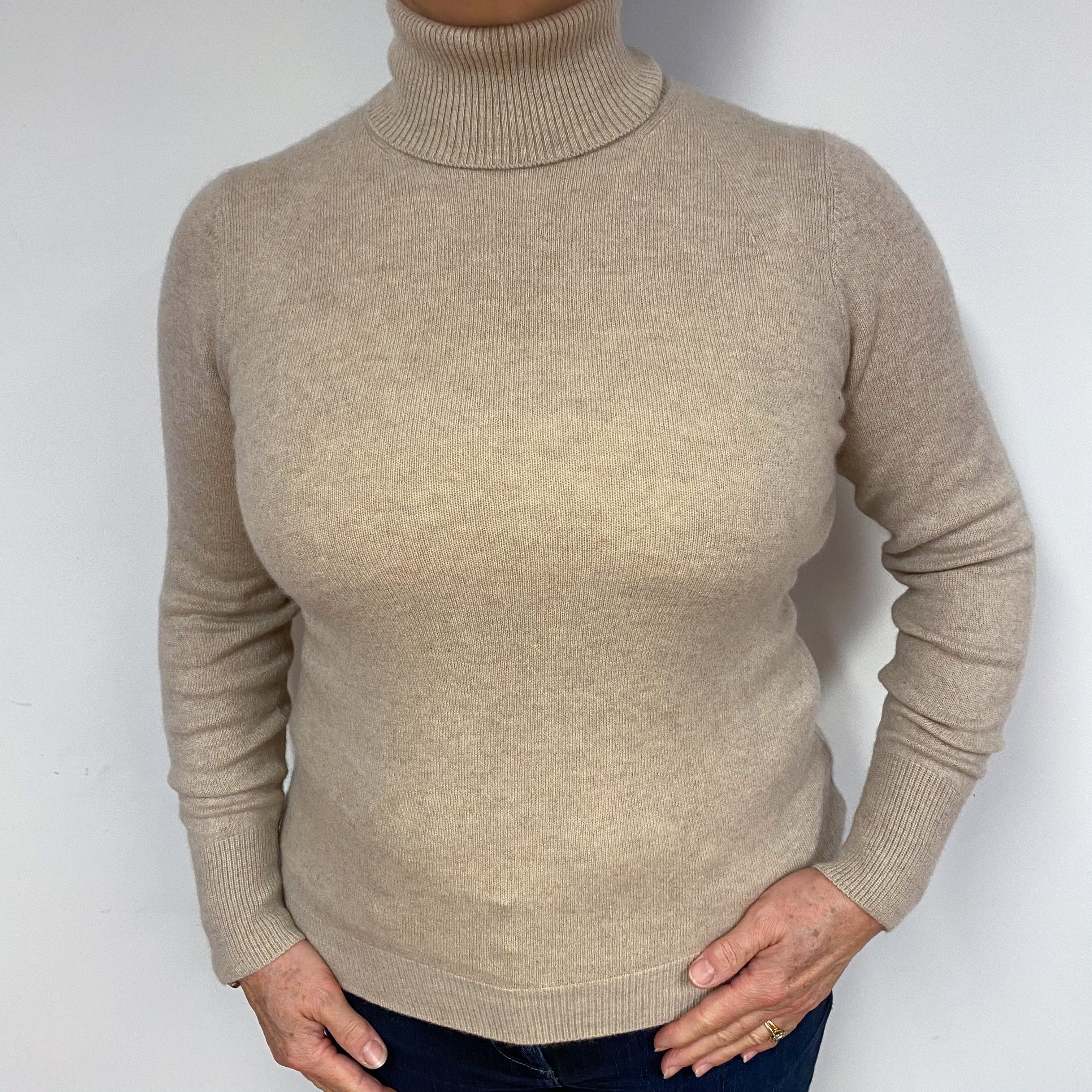 Fawn Beige Cashmere Polo Neck Jumper Large