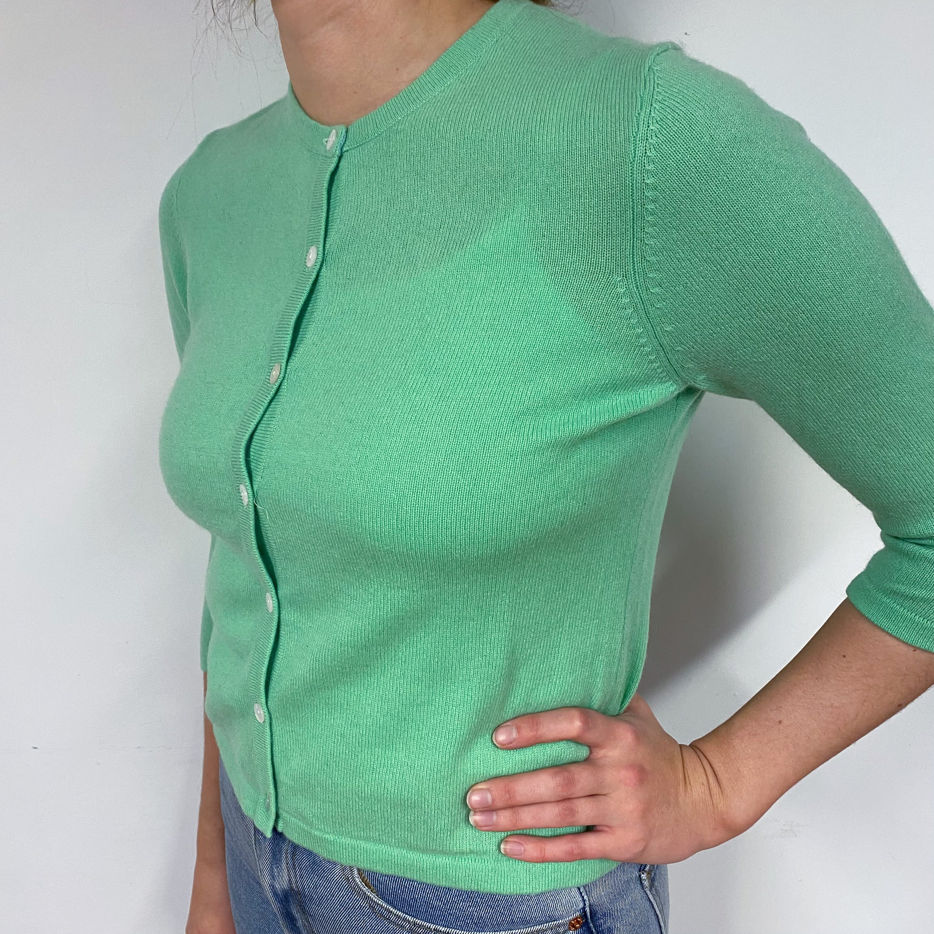 Spring Green Cashmere Crew Neck Cardigan Small