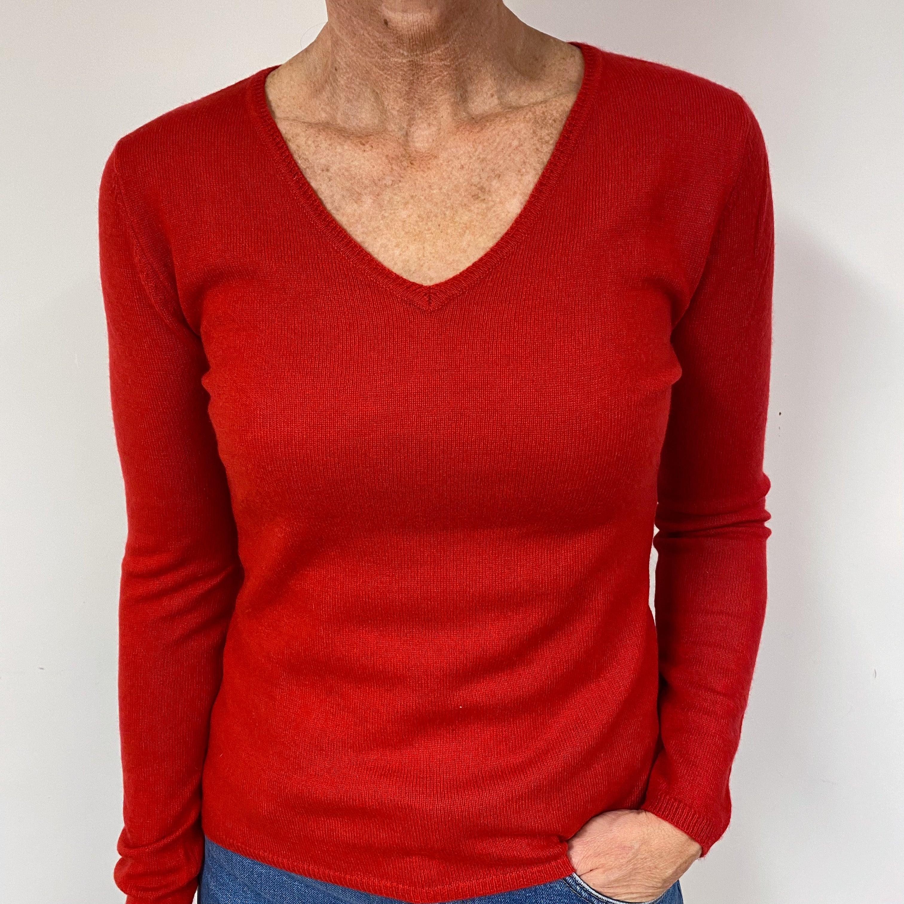 Post Box Red Cashmere V-Neck Jumper Medium