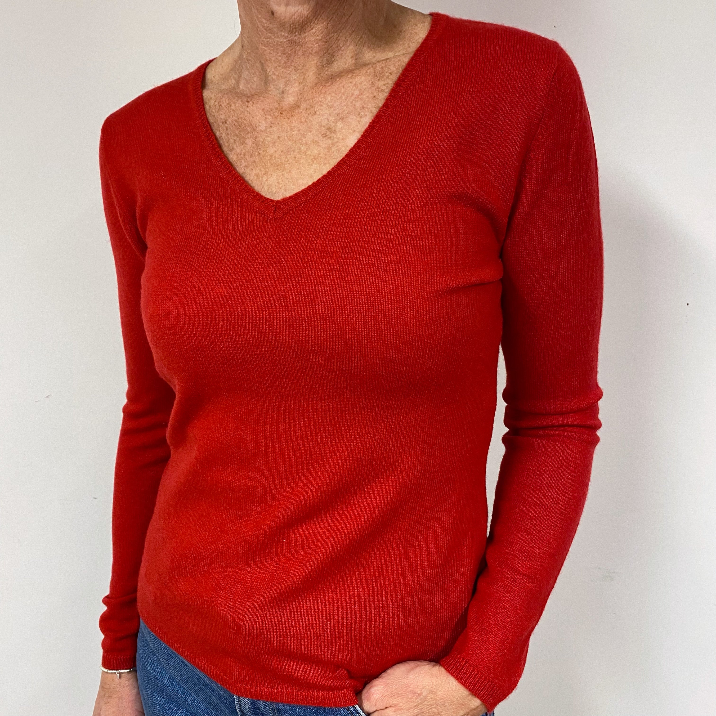 Post Box Red Cashmere V-Neck Jumper Medium