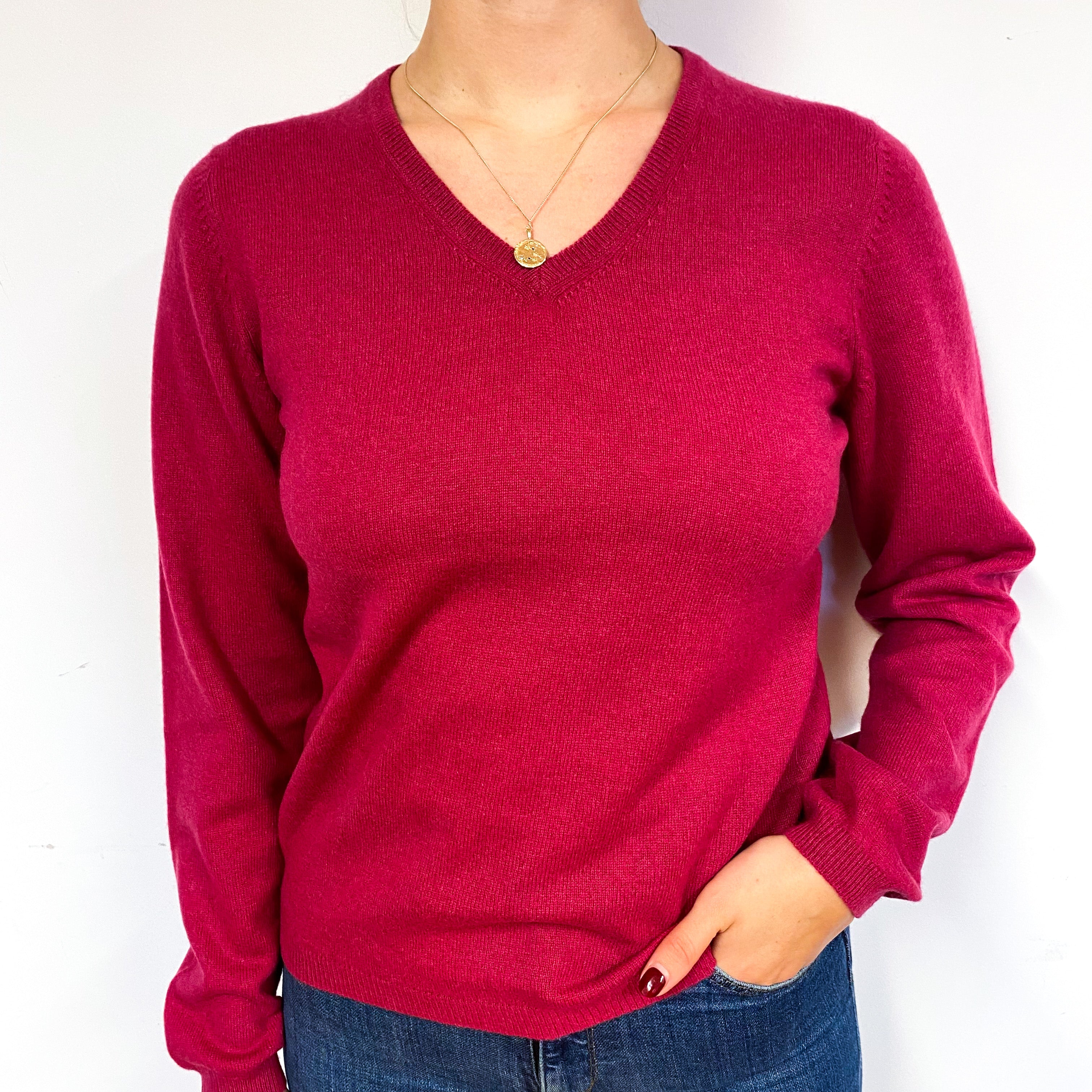 New Cherry Pink Cashmere V-Neck Jumper Small